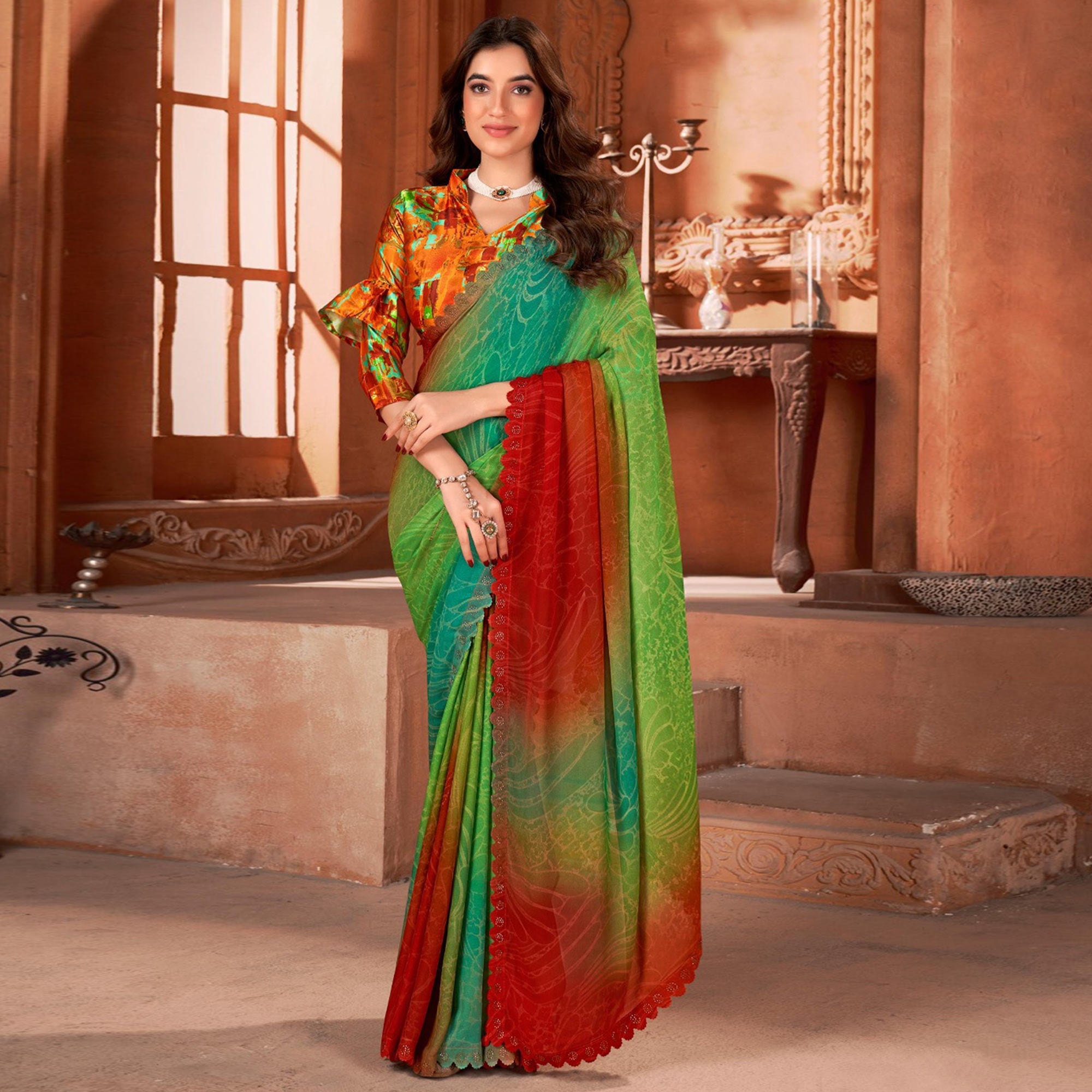 Green sarees – BlackTree green-printed-moss-georgette-saree-with-swarovski-work-border