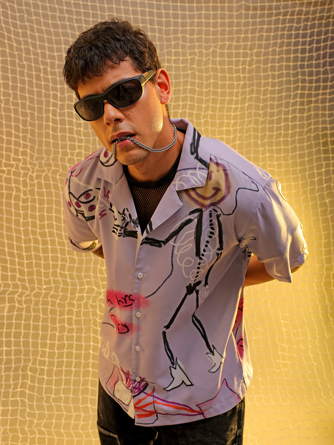 The Indian Garage Co Men's Lavender Oversized Fit Graphic Shirt