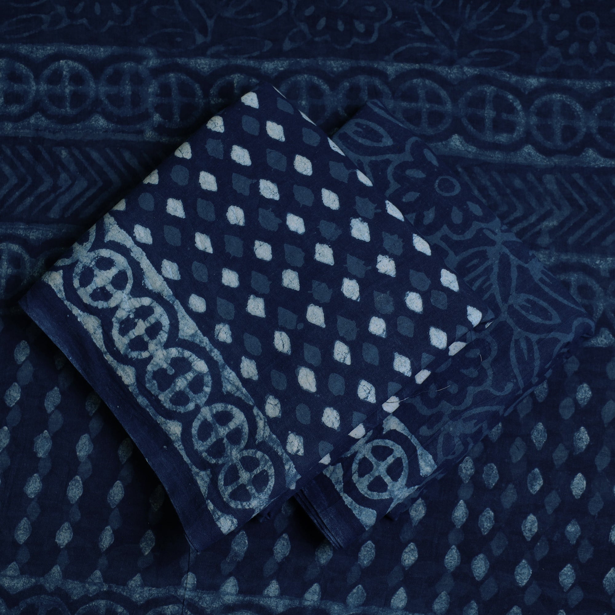 ARTISAN HAND BLOCK PRINTS Blue - 3pc Cotton Indigo Bagru Print Dress Material Set 12 - view 2