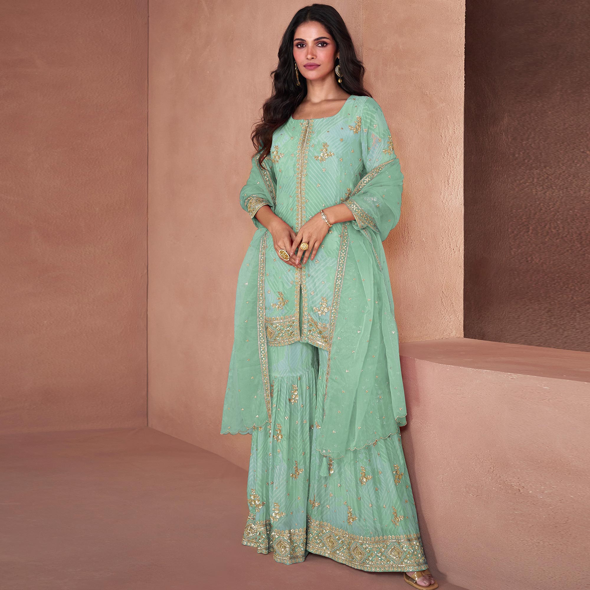 Peachmode Pista Green Sequins Embroidered Georgette Sharara Suit