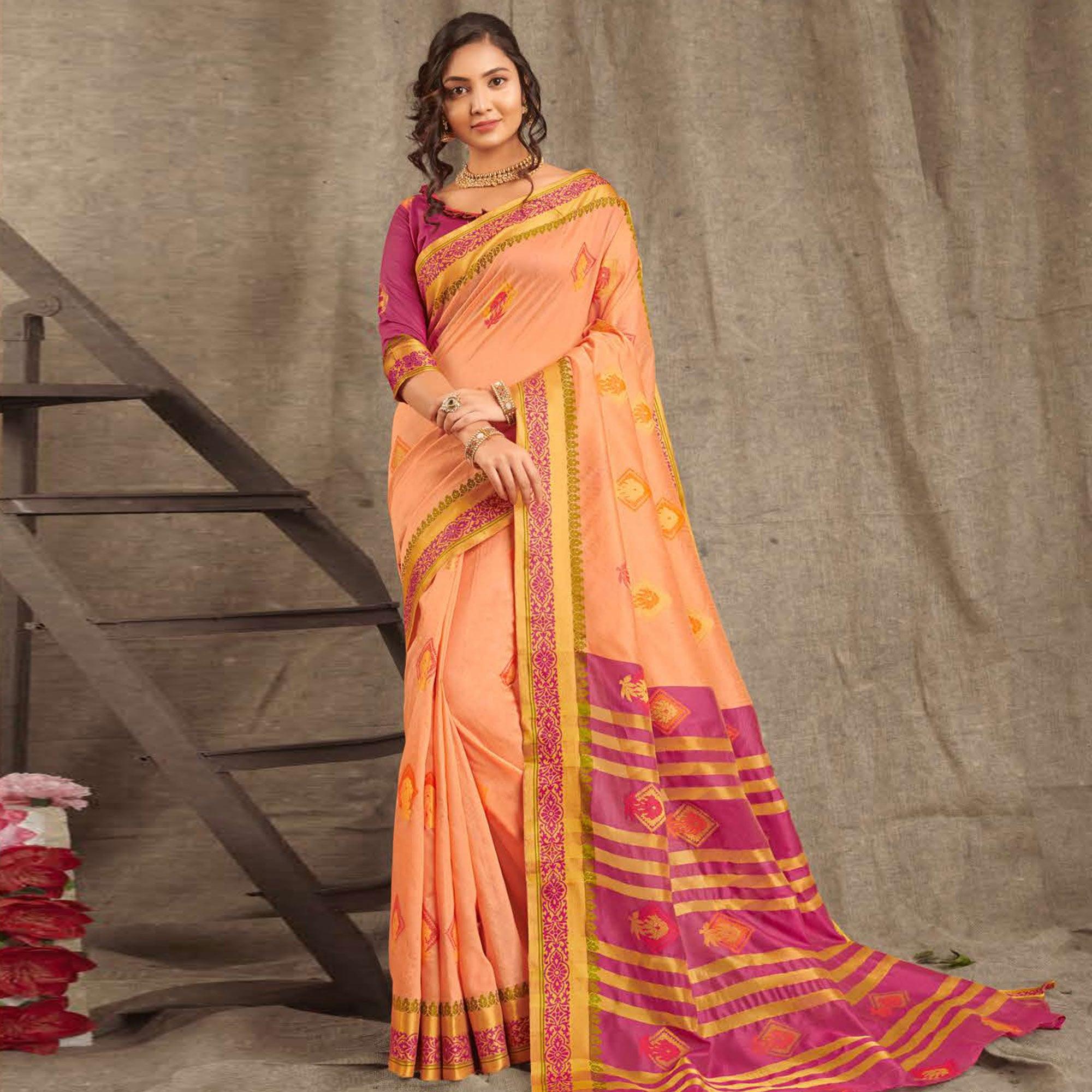 Peachmode Eye-catching Light Peach Colored Festive Wear Woven Cotton Handloom Saree
