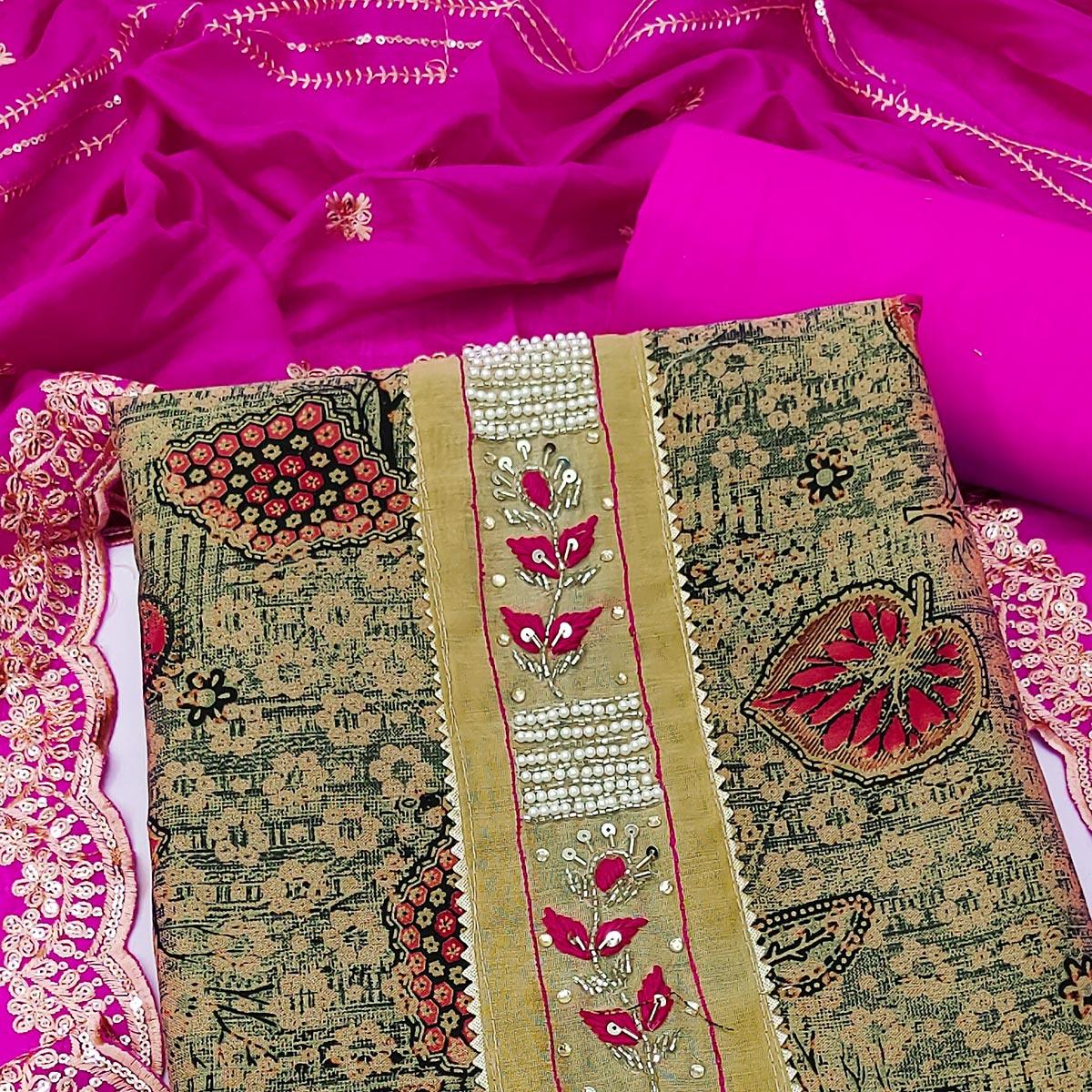 Peachmode Cream Printed With Embellished Pure Cotton Dress Material - view 2