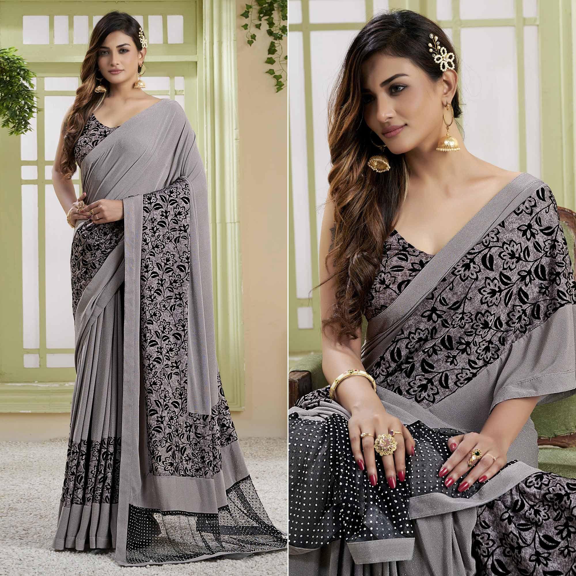 Grey sarees – BlackTree grey-party-wear-embellished-lycra-saree-140218