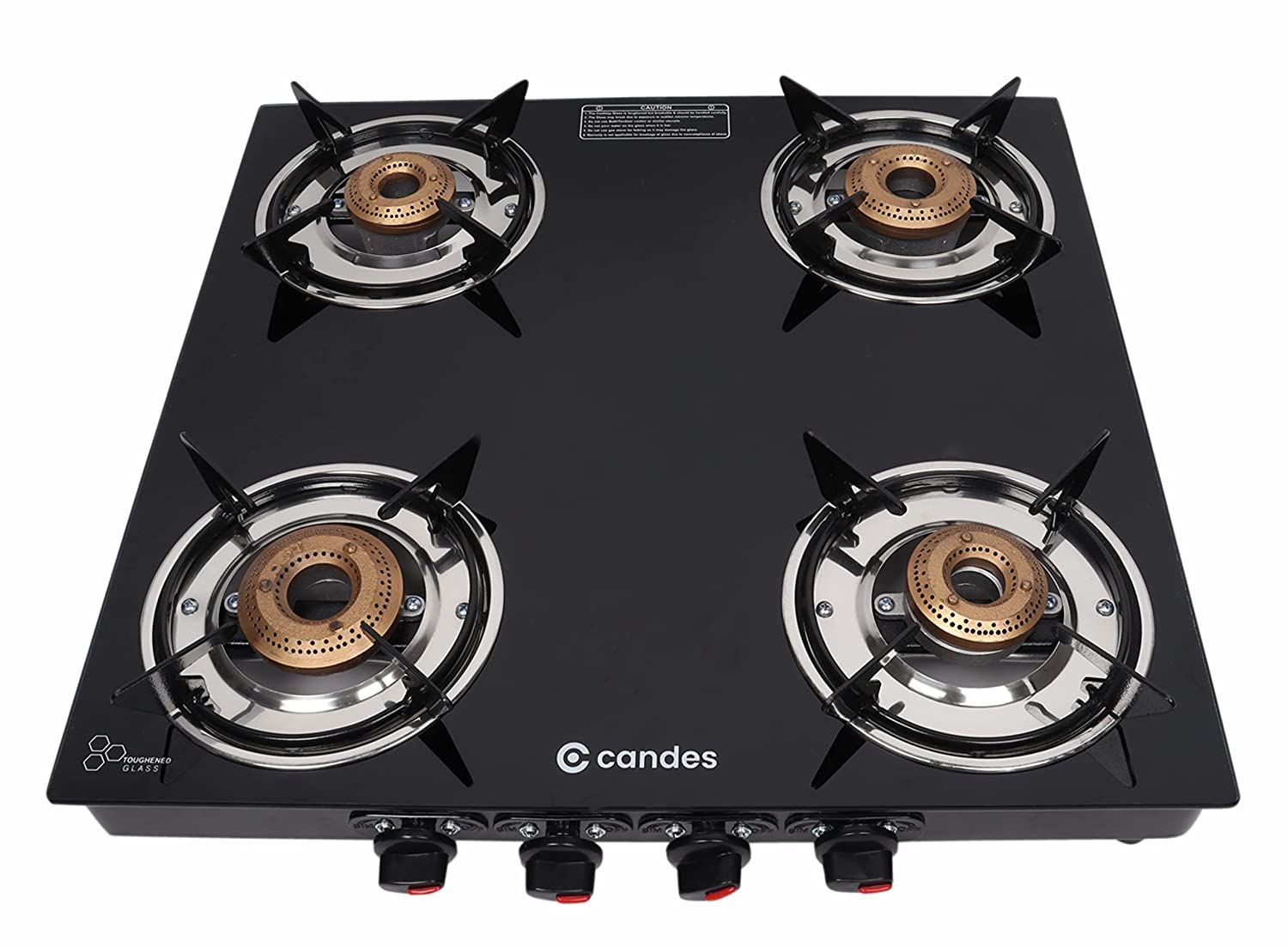 Candes Flame Glass Top Gas Stove 4 Burner, Manual Ignition, Black