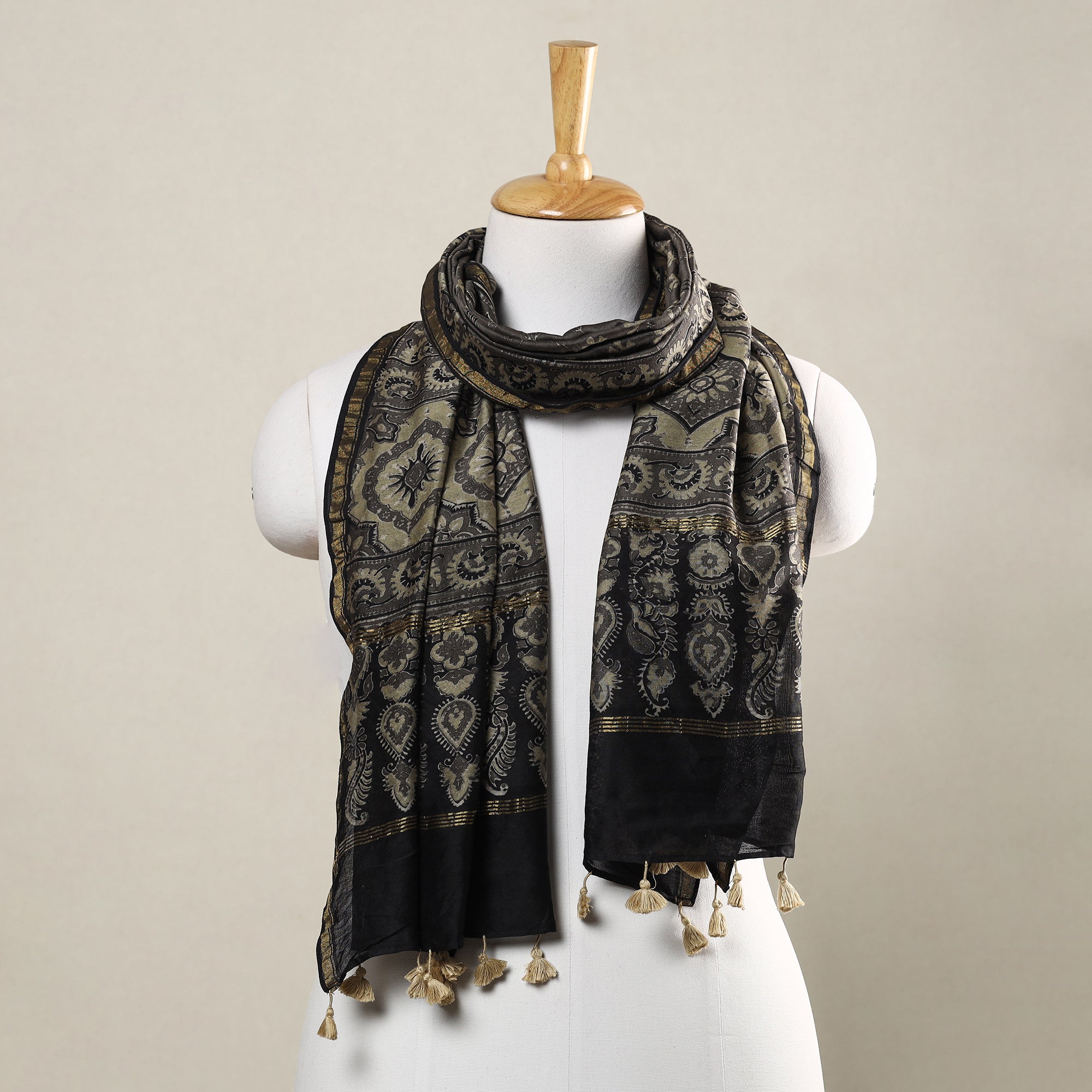 AJRAKH BY SUFIYAN ISMAIL KHATRI Brown - Ajrakh Hand Block Printed Chanderi Silk Handloom Stole with Tassels
