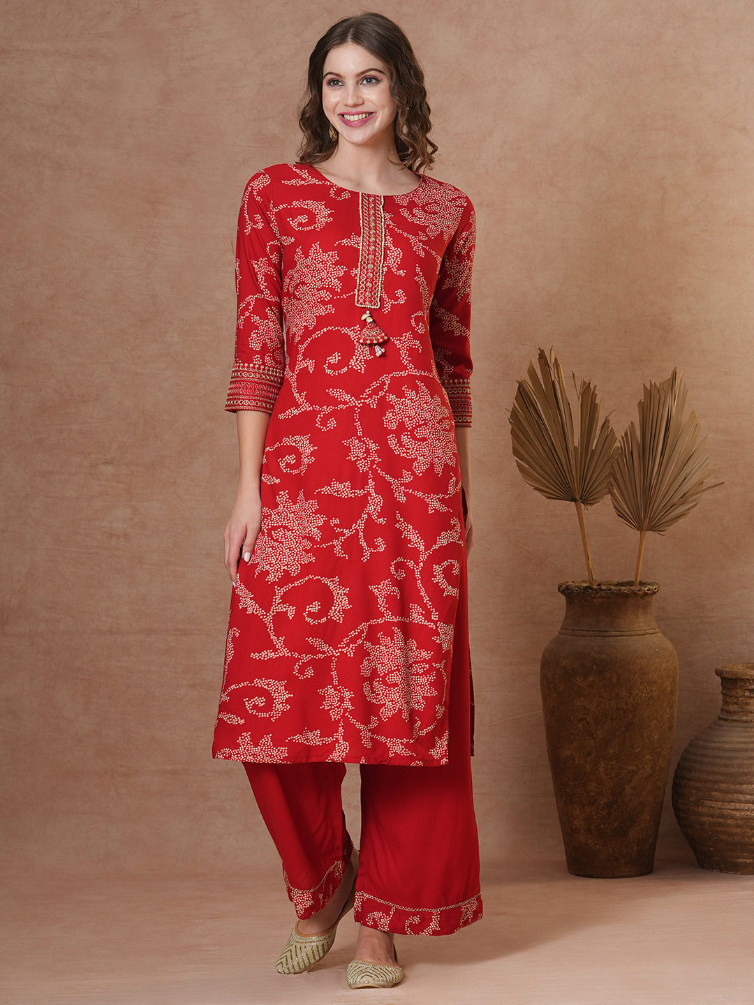 FASHOR Ethnic Bandhani Printed Straight Fit Kurta with Palazzo - Red - view 3