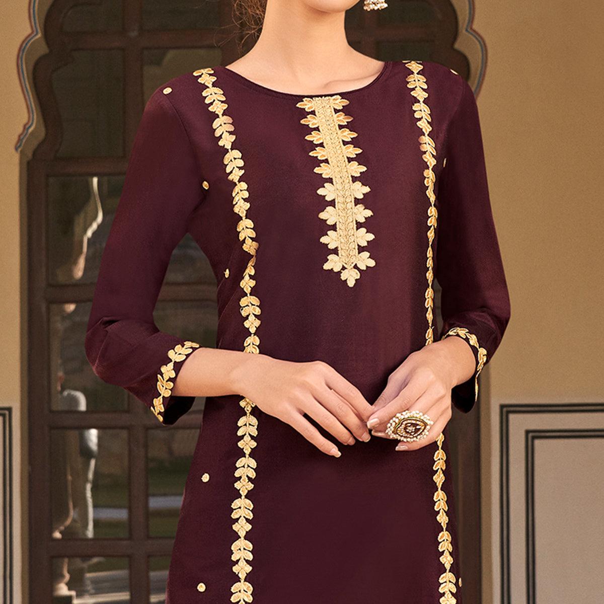 Peachmode Seller Brown Casual Wear Embroidered Pure Viscose Santoon Pallazo Suit - view 3