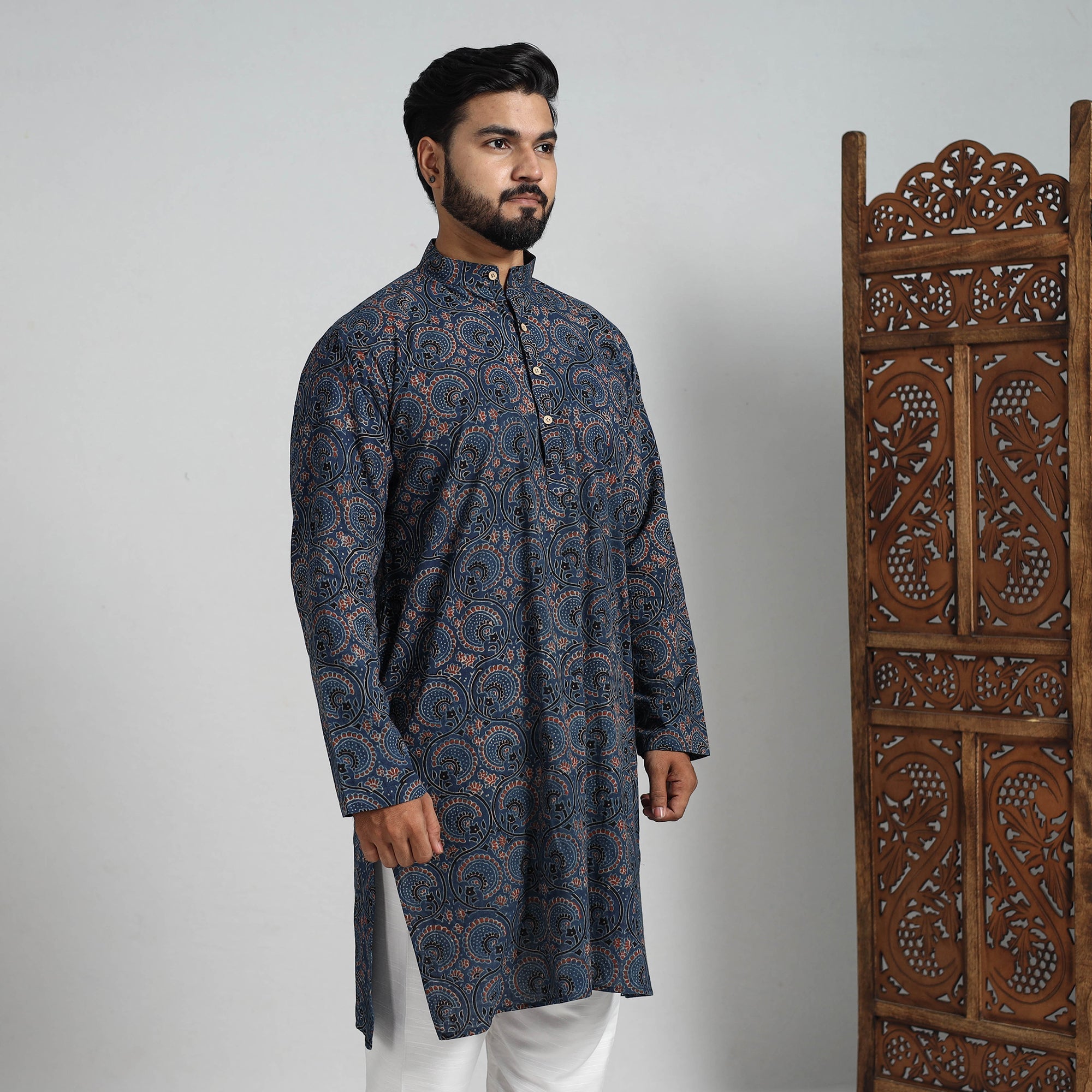 ITOKRI CASUALS Ajrakh Block Printed Cotton Men Long Kurta 19 - view 5