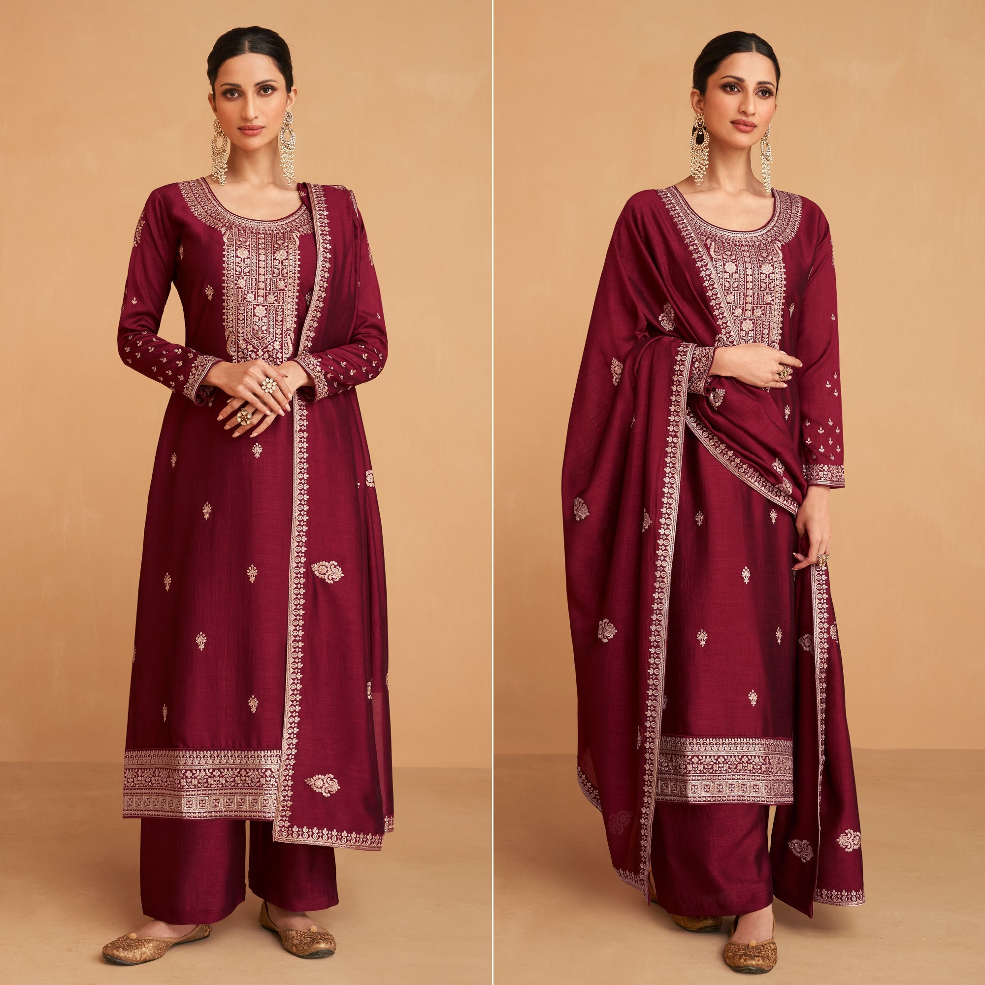 Peachmode Maroon Embroidered Art Silk Palazzo Suit