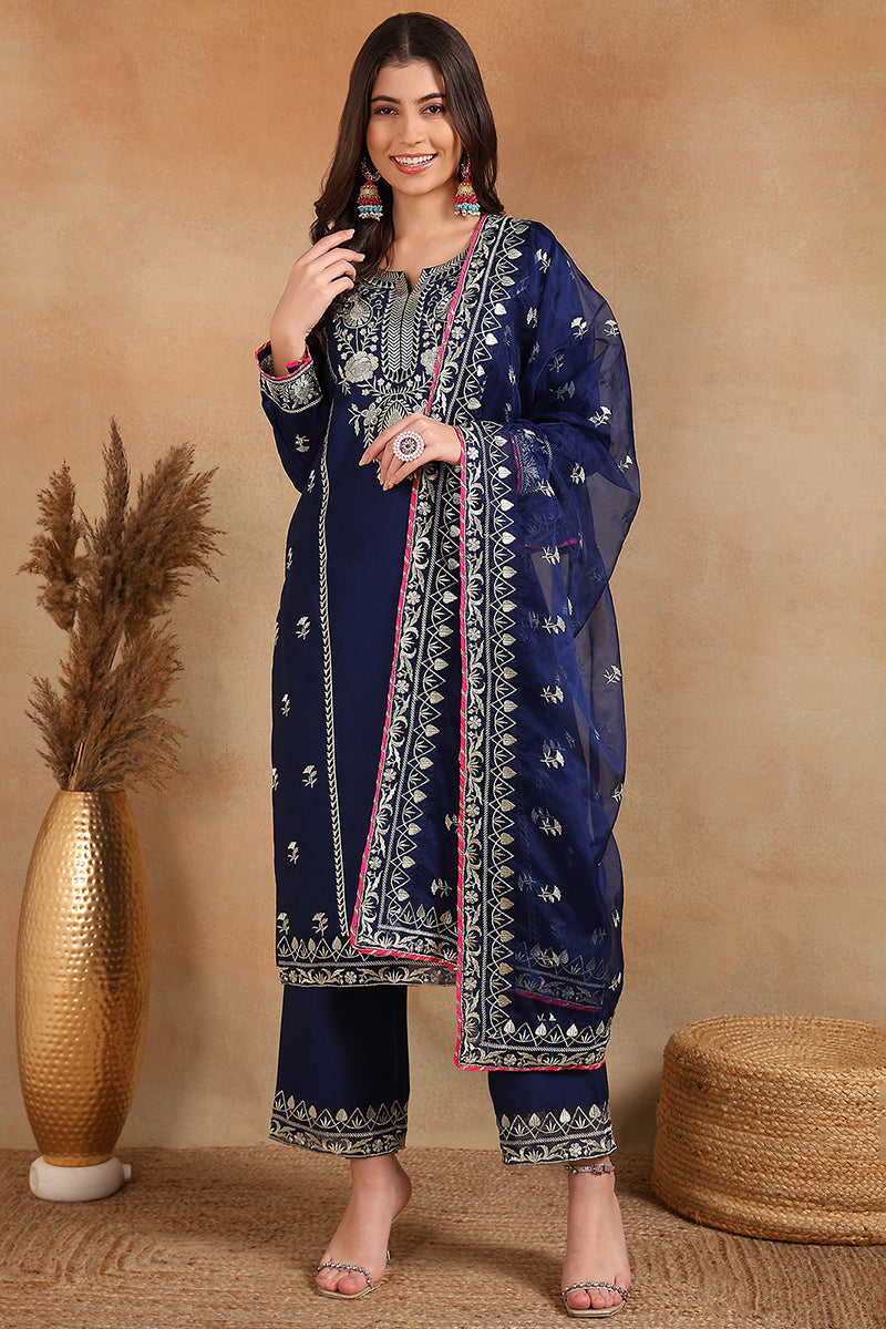 Ahika Navy Blue Silk Blend Solid Yoke Design Straight Palazzo Suit Set PKSKD2486