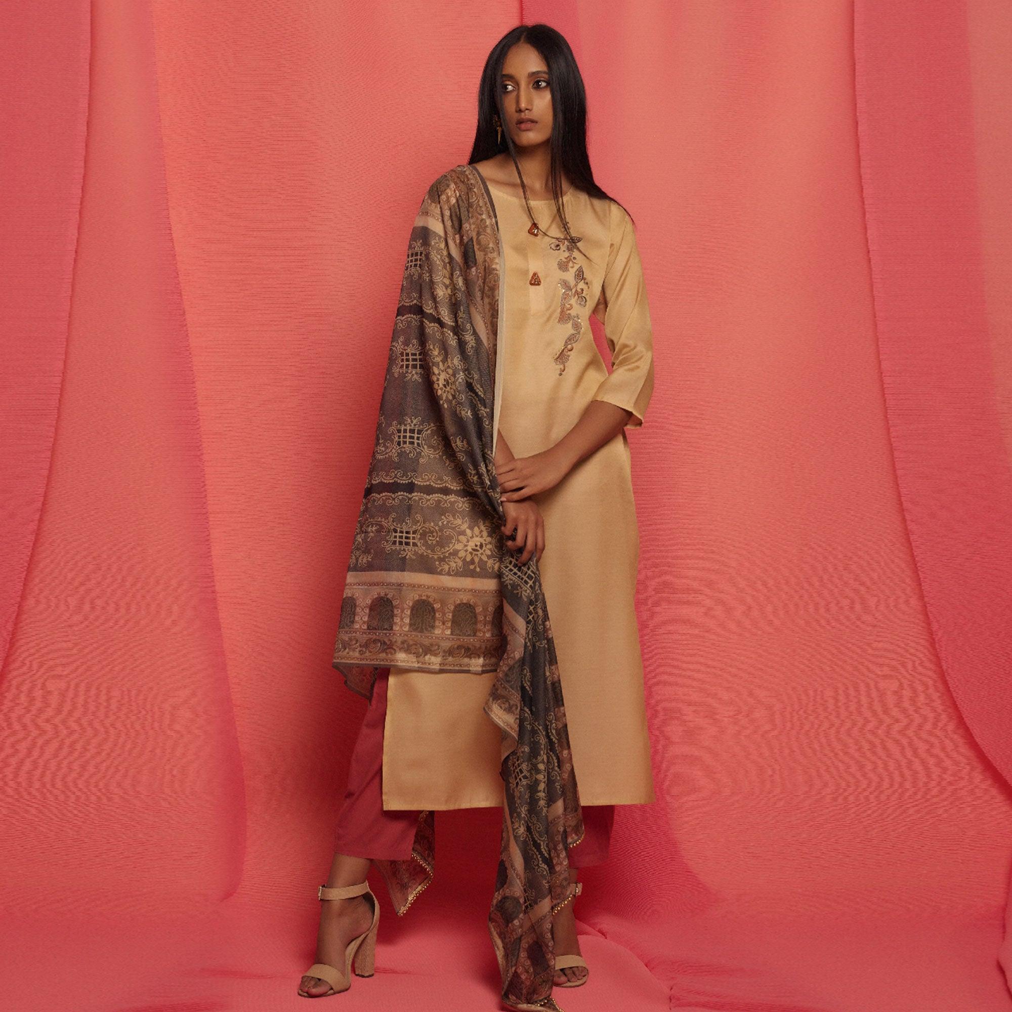 Peachmode Flirty Beige Colored Partywear Embroidered Viscose Kurti With Dupatta