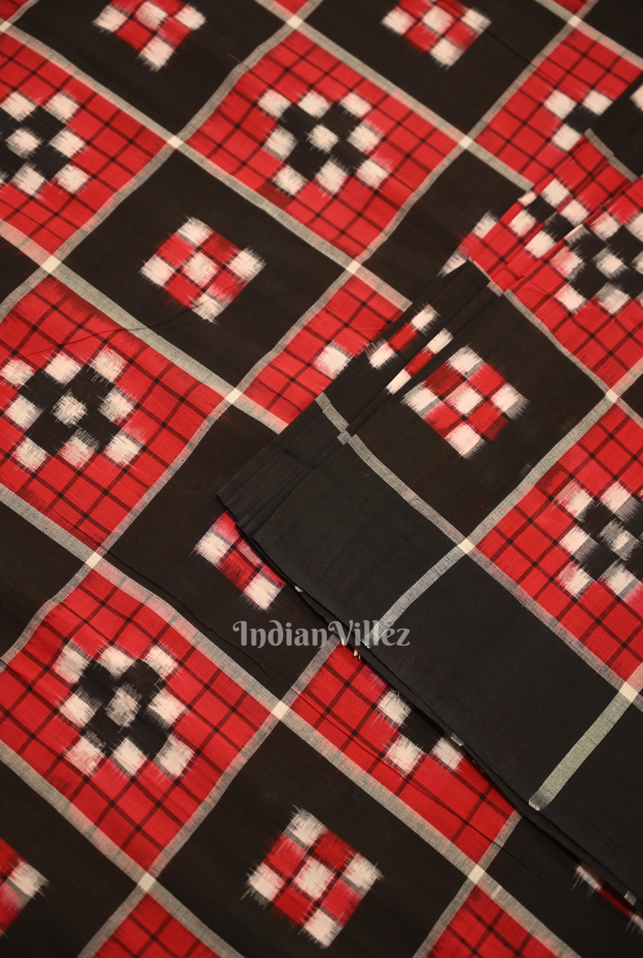IndianVillèz Black Red Pasapali Sambalpuri Ikat Cotton Fabric - view 2