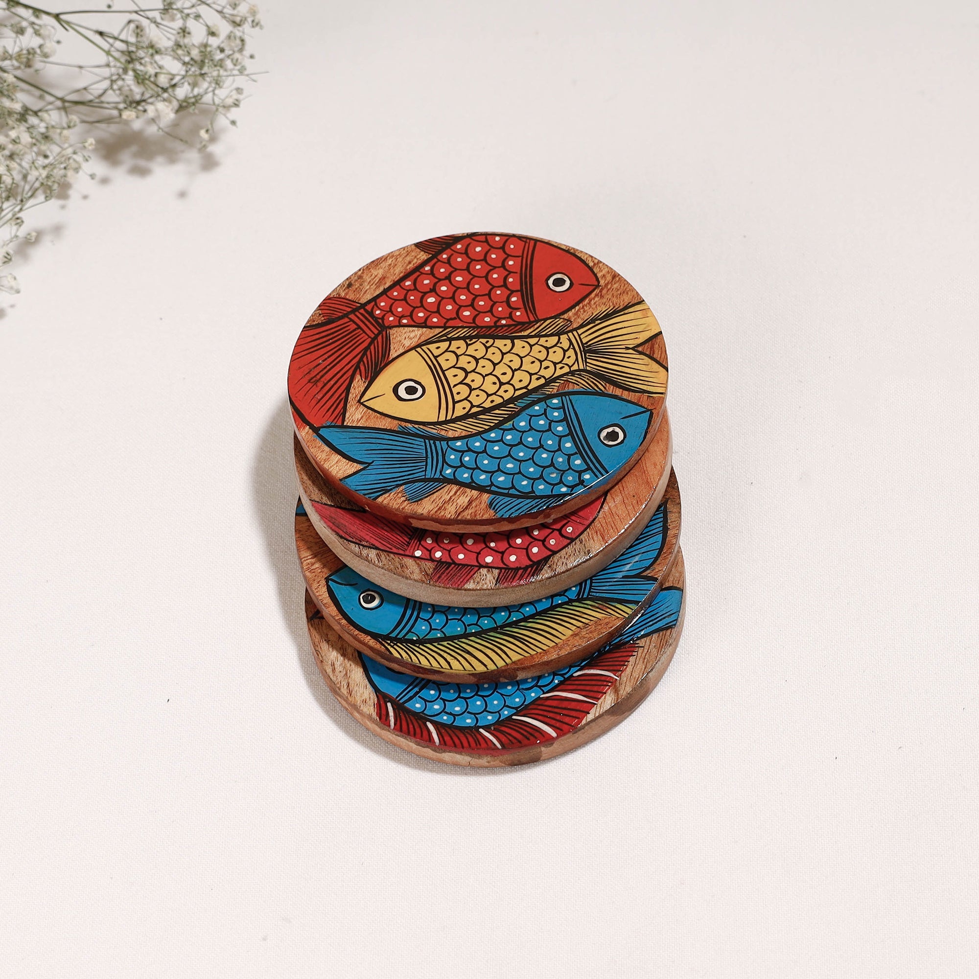 ITOKRI CRAFTS INITIATIVE Bengal Patua Handpainted Akashmoni Wooden Coasters (Set of 4) - view 2