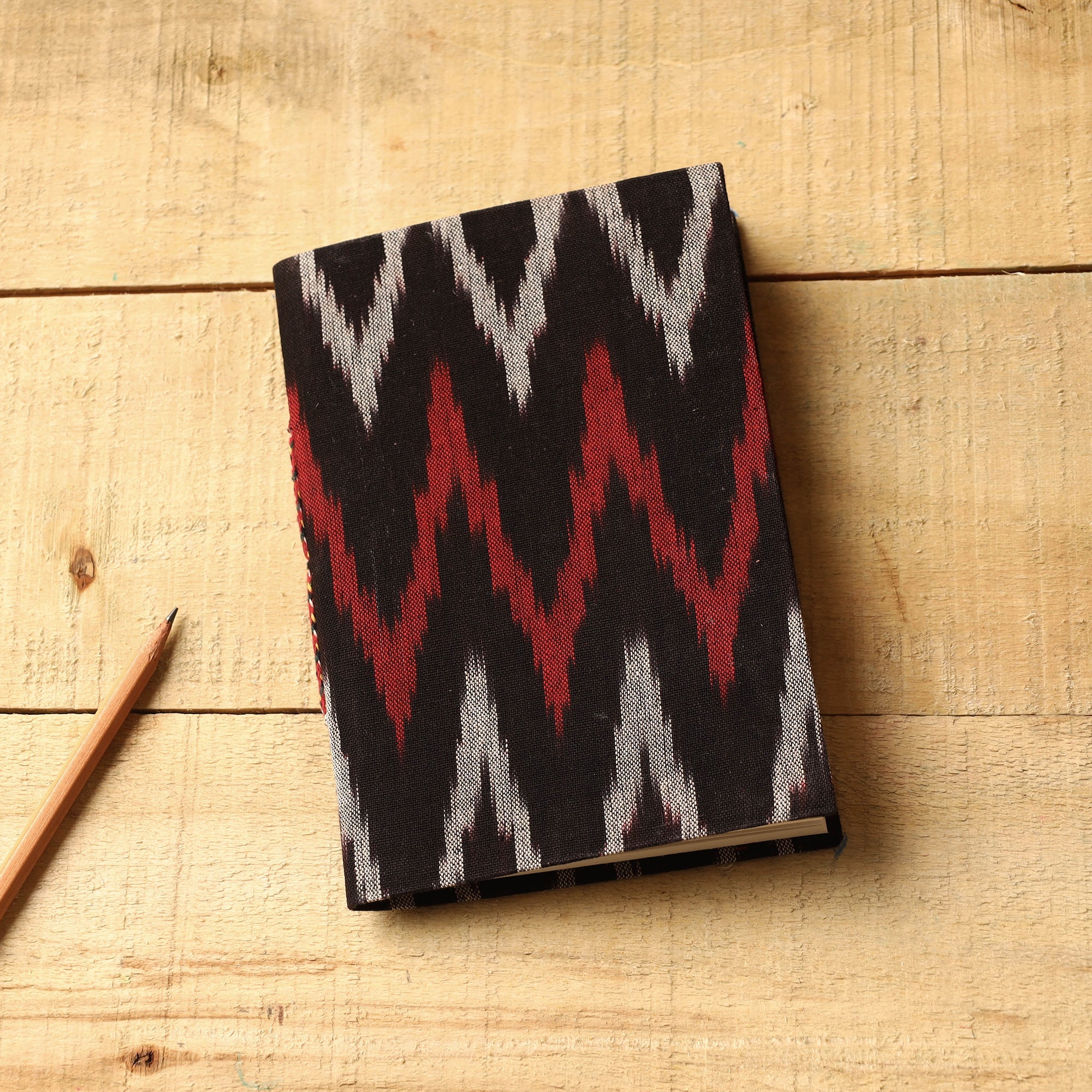 CHUTNEY CRAFT STUDIO Black - Ikat Fabric Cover Handmade Paper Notebook (7 x 5 in)