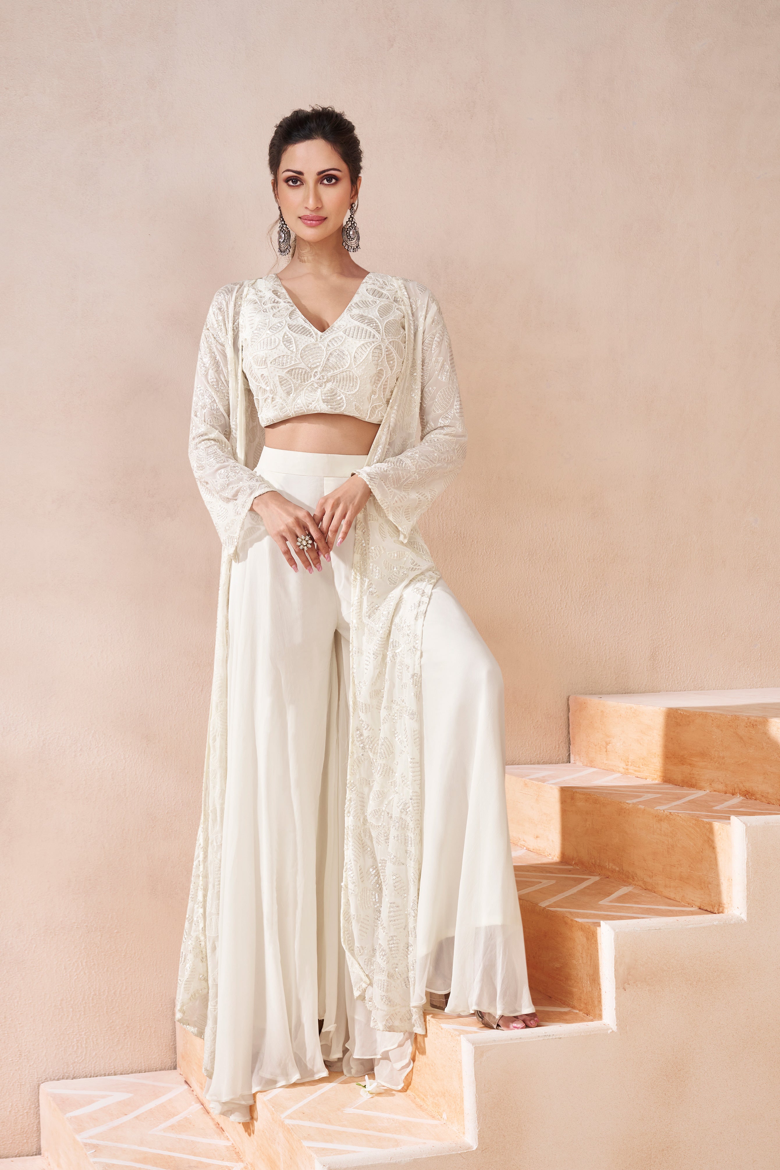 JaipurFabric® White Real Georgette Embroidered Sharara Set With Satin Georgette Shrug