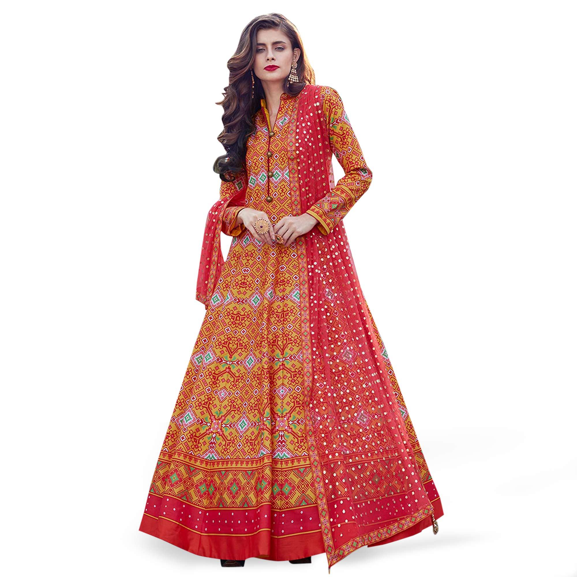 Peachmode Seller Entrancing Orange Colored Partywear Digital Printed Silk Gown