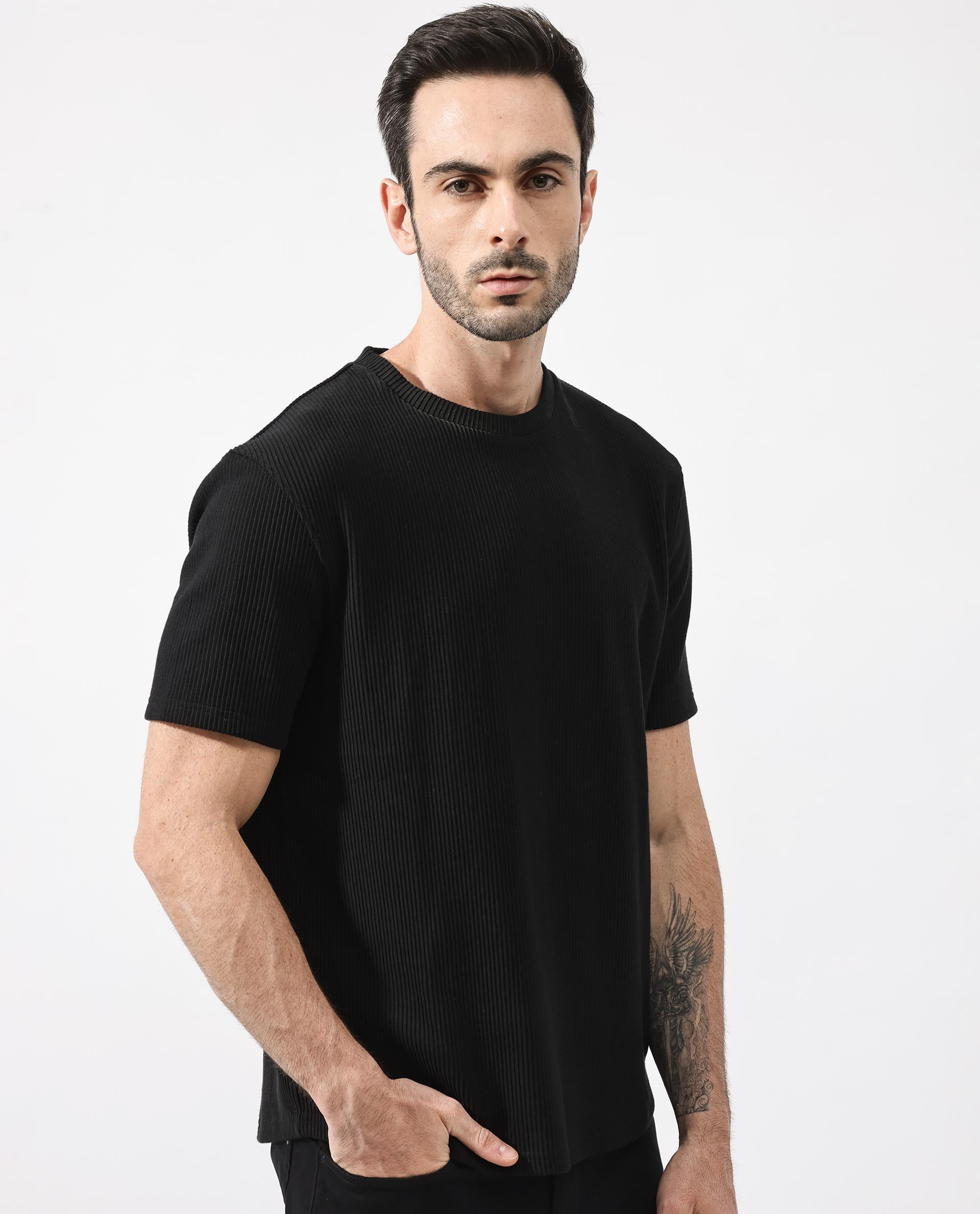Rare Rabbit Men's Bree Black Crew Neck Ottoman Textured Drop Shoulder Half Sleeves Oversized Fit T-Shirt - view 10