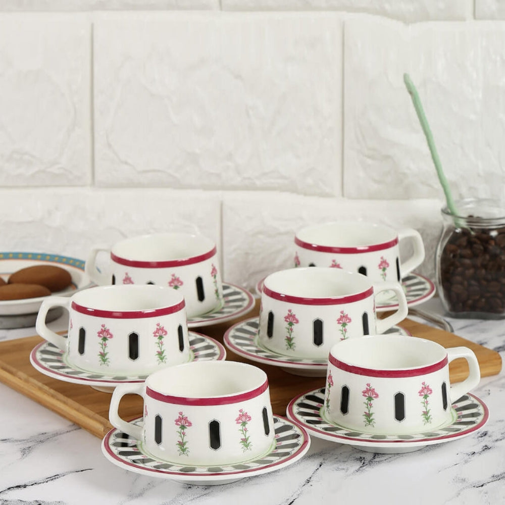 Clay Craft India Circus Black Garden Cup & Saucer Set | Set of 12 Pcs