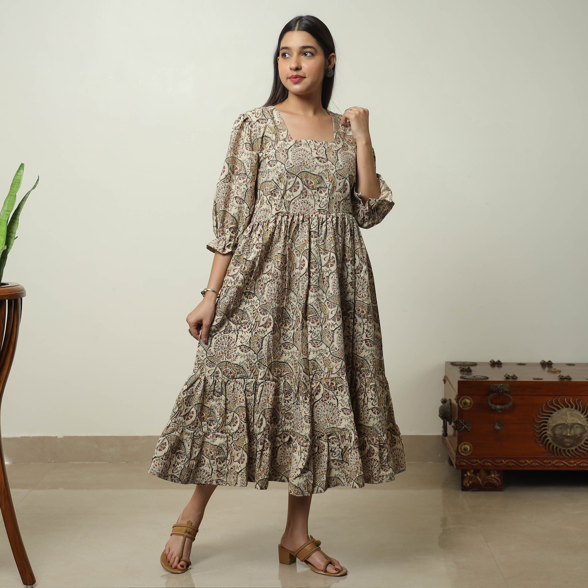 ITOKRI CASUALS Beige - Pedana Kalamkari Block Printed Cotton Tiered Dress 06 - view 2