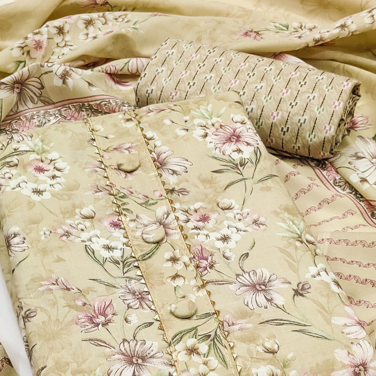 Peachmode Light Yellow Floral Printed Cotton Blend Dress Material - view 2