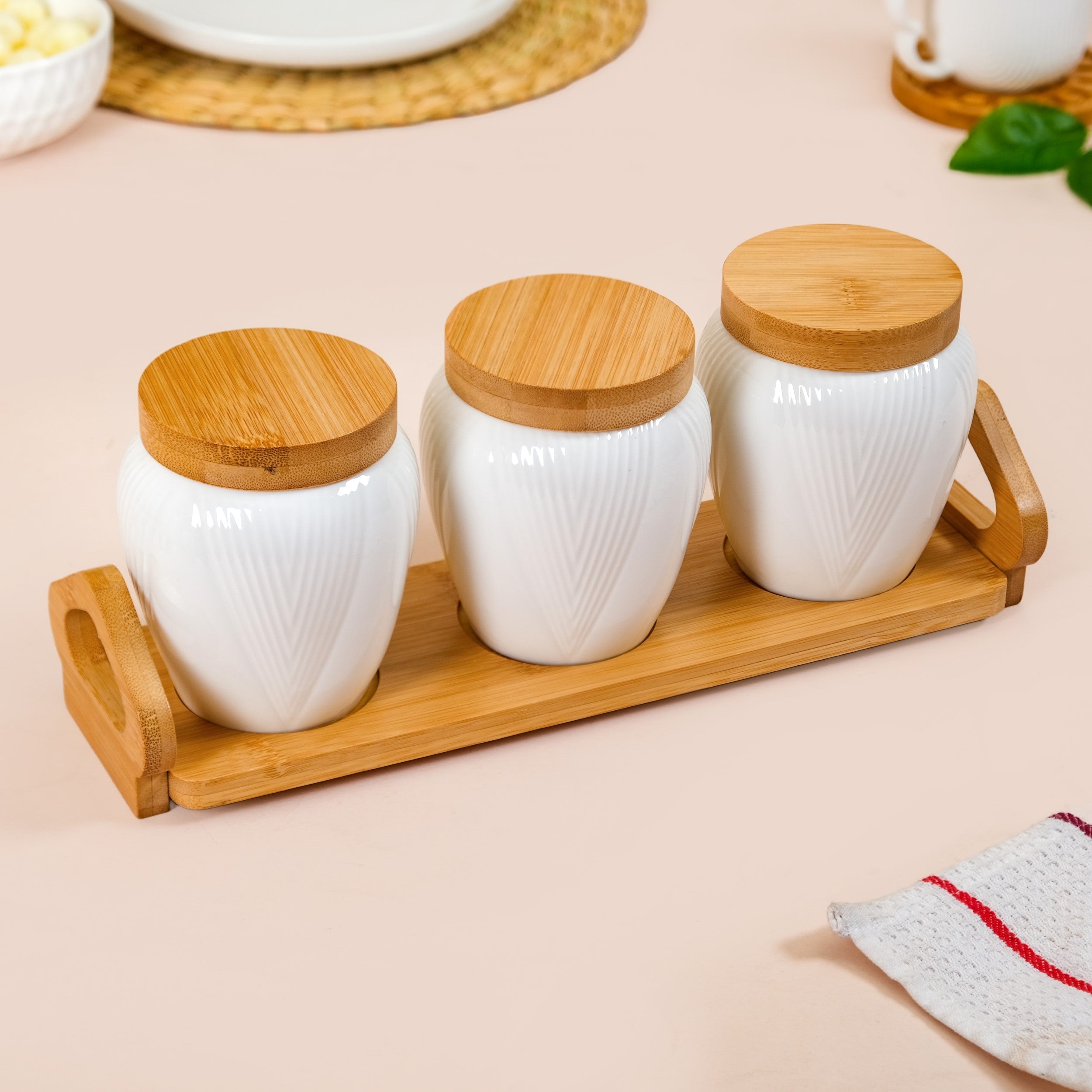 Nestasia Blanca Set Of 3 Airtight Ceramic Jars With Lids And Wooden Tray