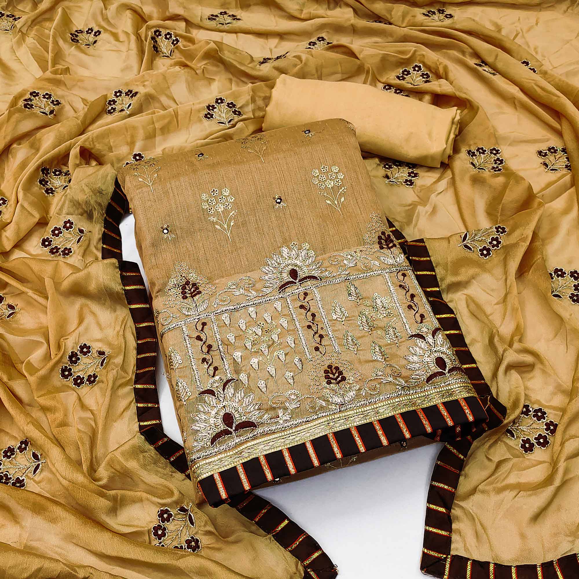 Peachmode Chikoo Floral Printed With Embroidery Modal Dress Material