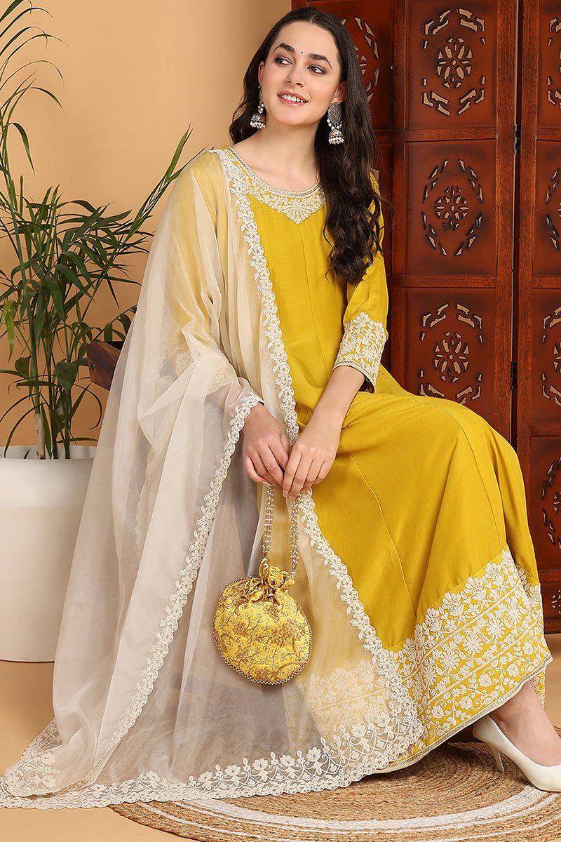 Ahika Yellow Silk Blend Solid Embroidered Flared Suit Set PKSKD2193 - view 5