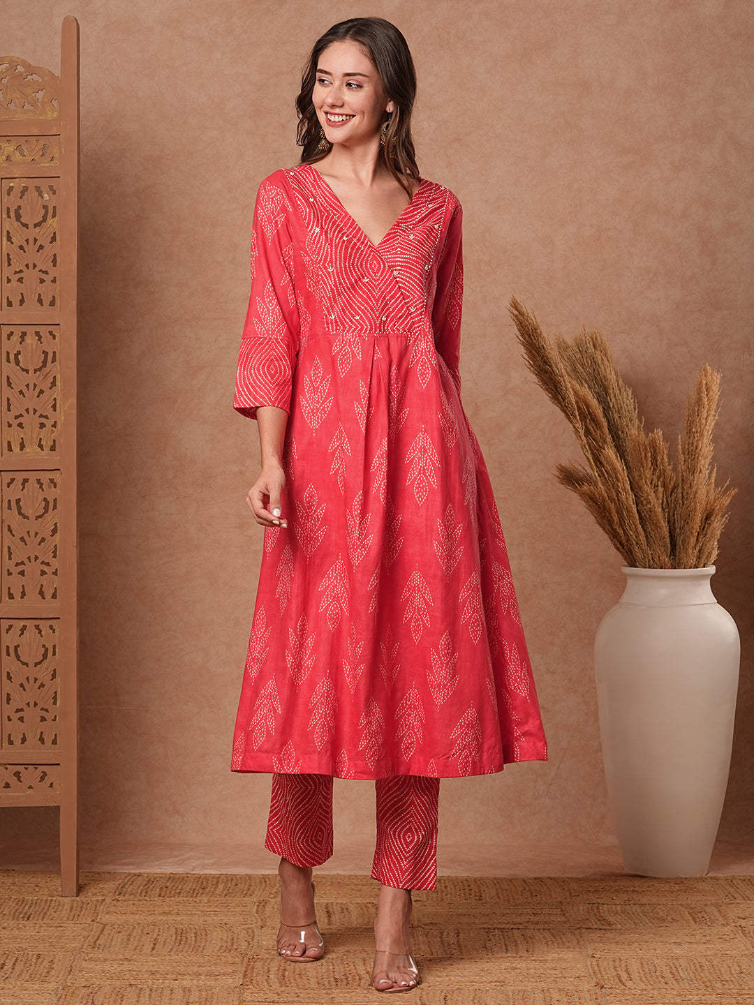 Fashor Ethnic Printed & Bead Embroidered A-Line Kurta with Pant - Peach