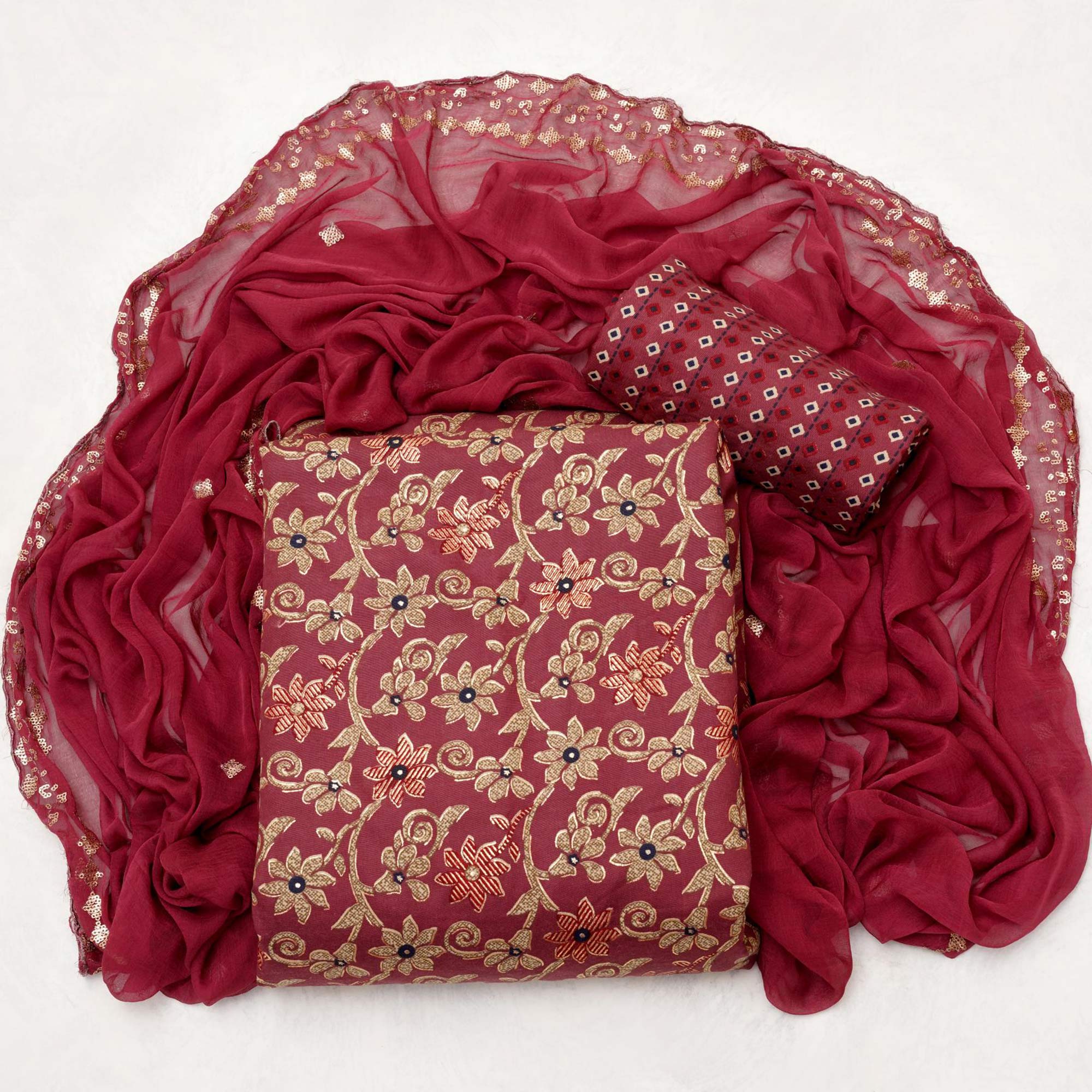 Peachmode Maroon Floral Printed Pure Cotton Dress Material