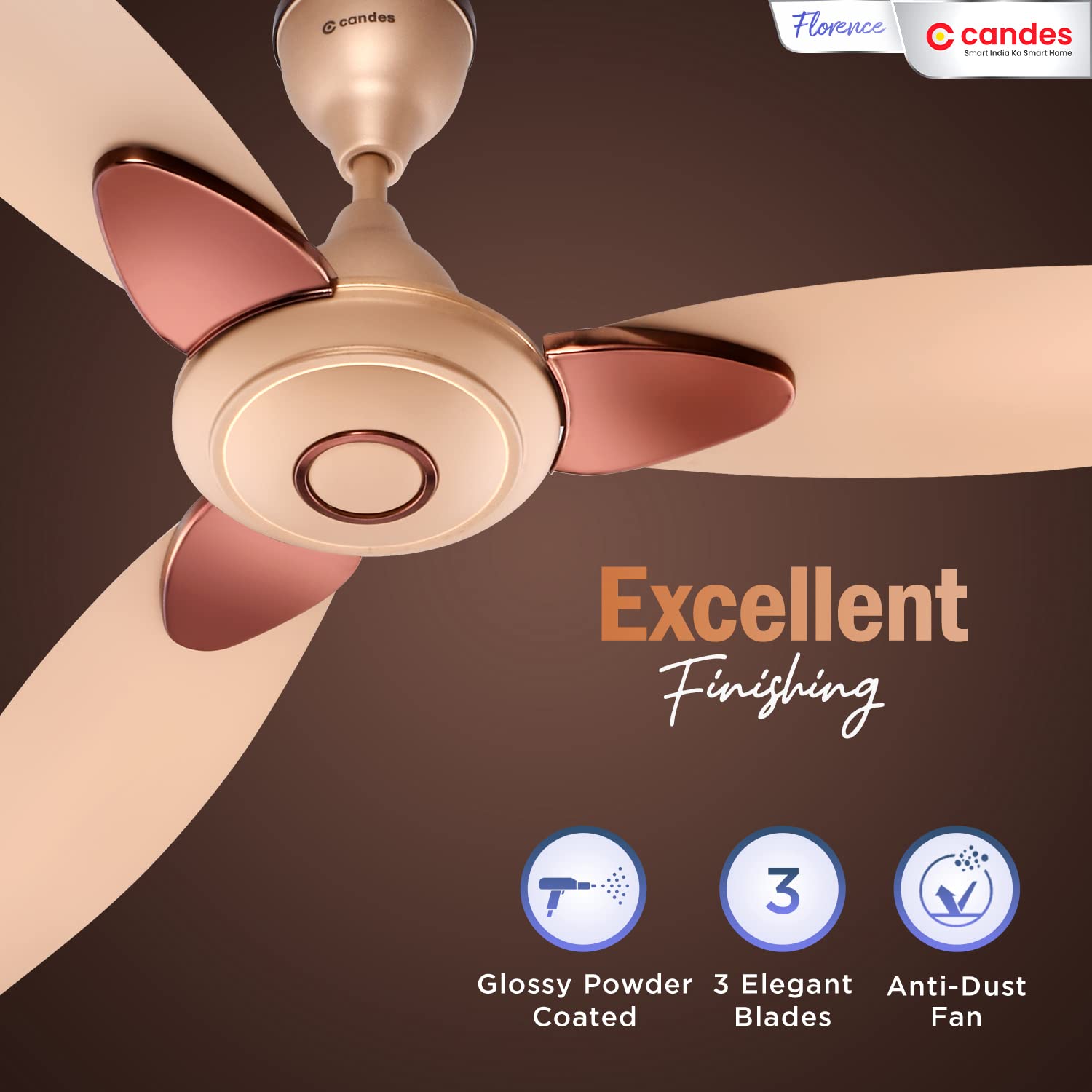Candes Florence 1200mm/48 inch High Speed Anti-dust Decorative 3 Star Rated Ceiling Fan(100% CNC Winding) 405 RPM (2 Yrs Warranty) (Gold, Pack of 2) - view 4