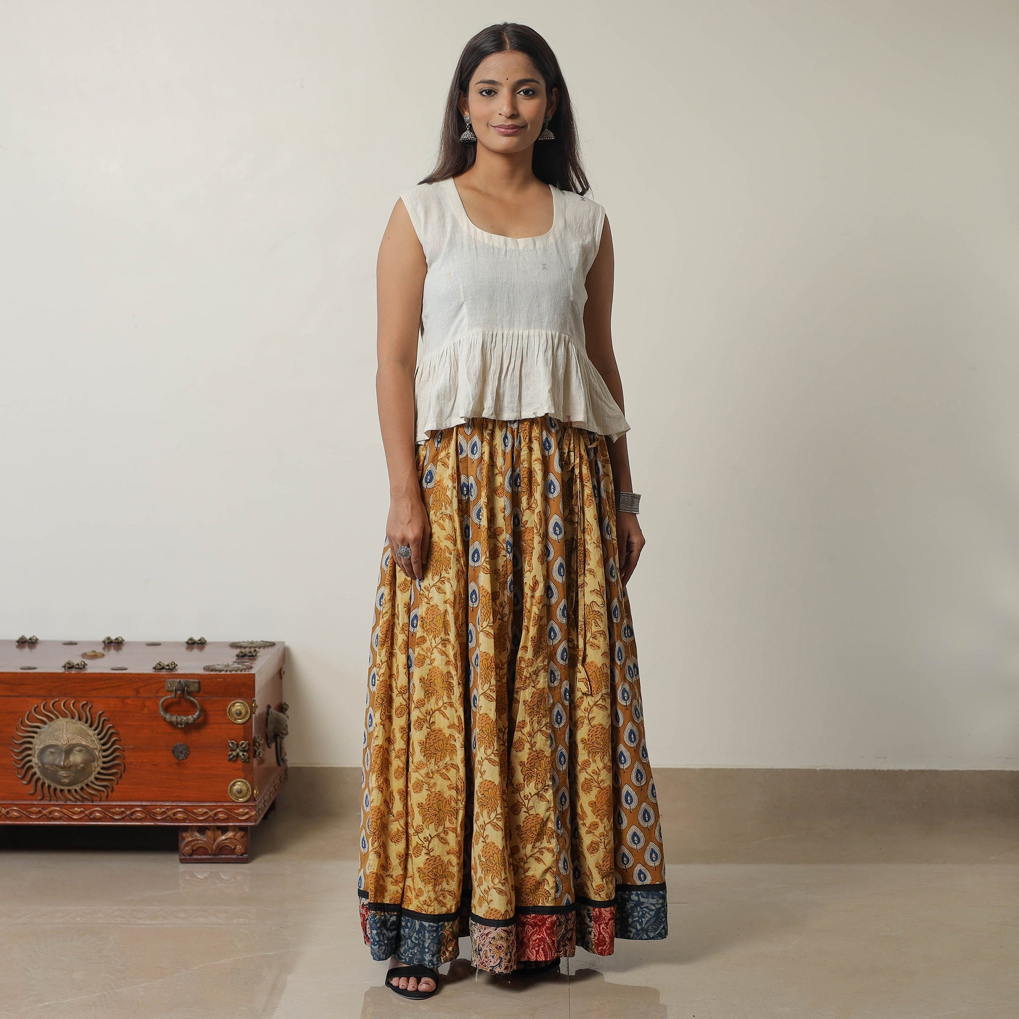 NOORI BAZAR Brown - Bagru Block Printed 24 Kali Patchwork Cotton Long Skirt 07