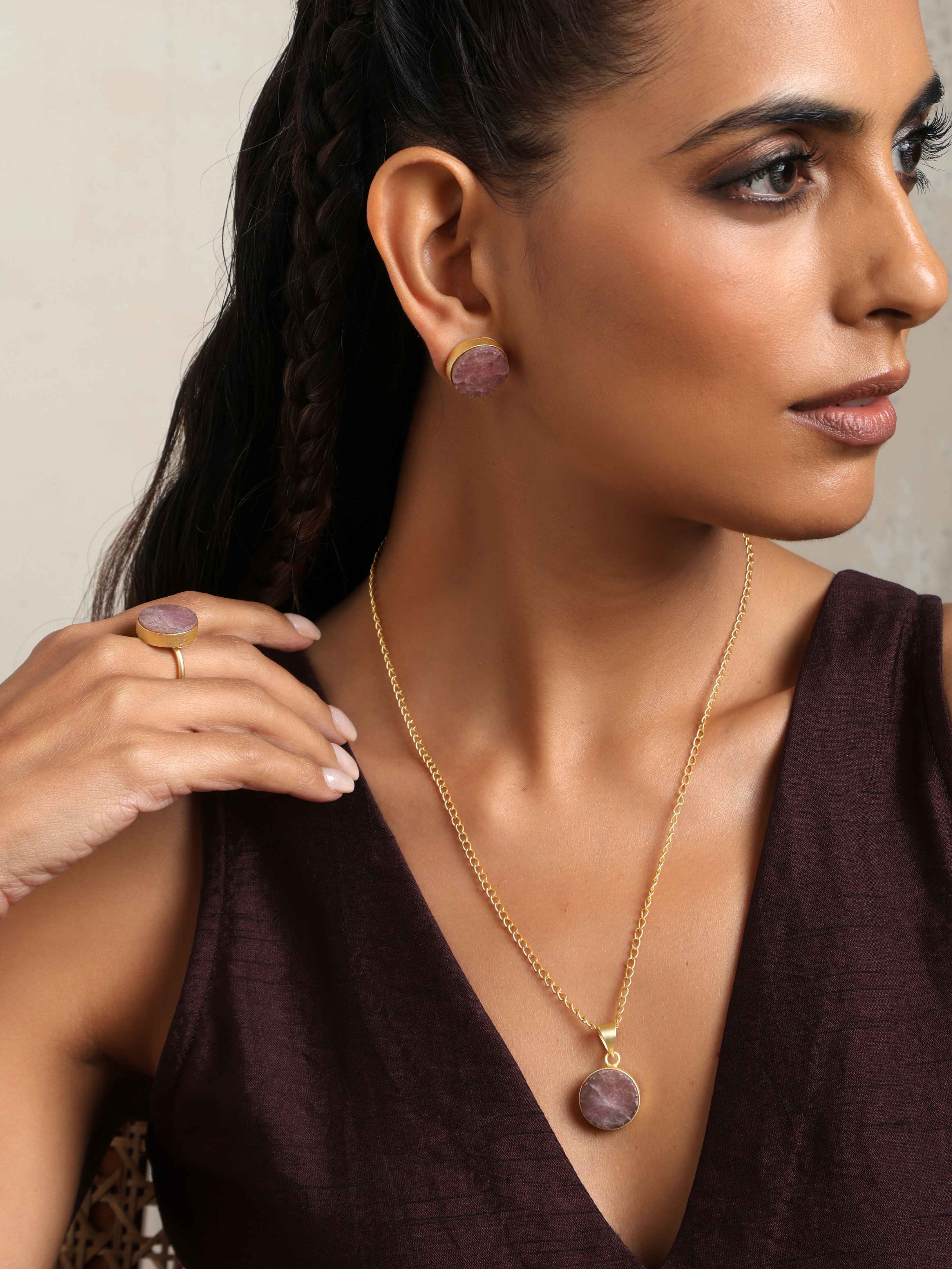 trueBrowns Gold Tone Pink Stone Pendant Set - view 2