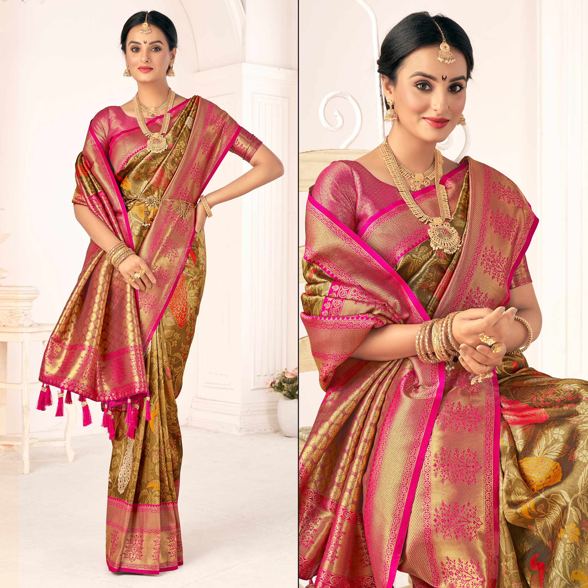 Peachmode Brown Woven Pure Silk Saree With Tassels