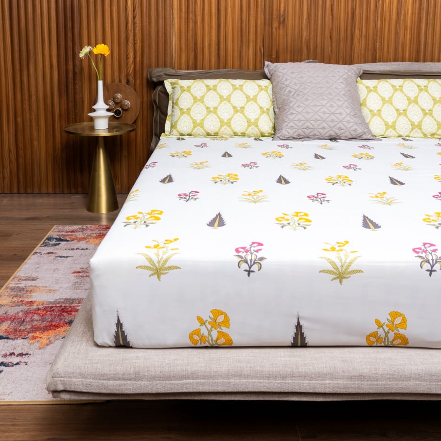 Urban Space -Home Furnishing Store Fitted King Size Cotton Bedsheet - High Garden Yellow