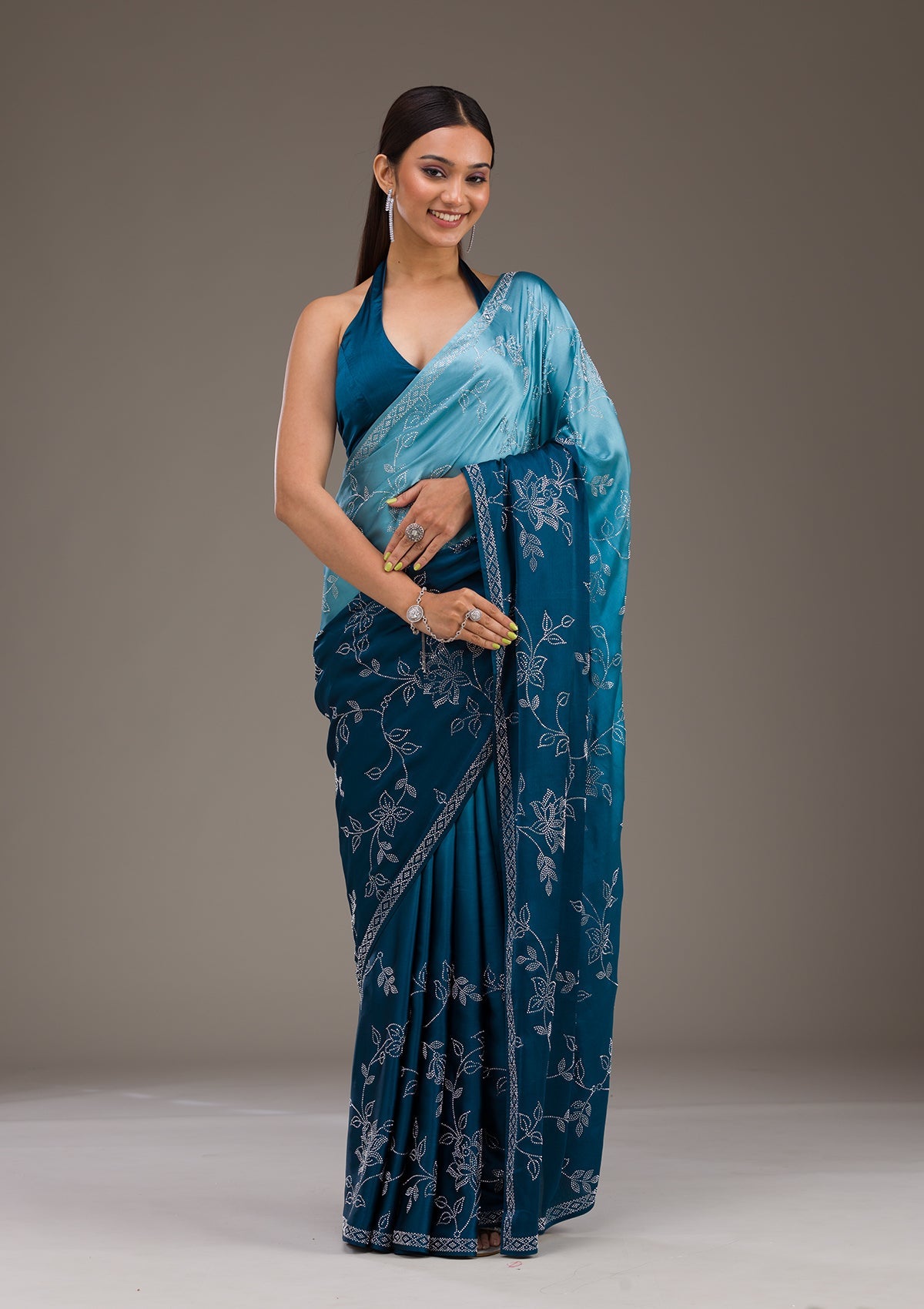 Koskii Turquoise Blue Stonework Satin Saree – Women's - view 5