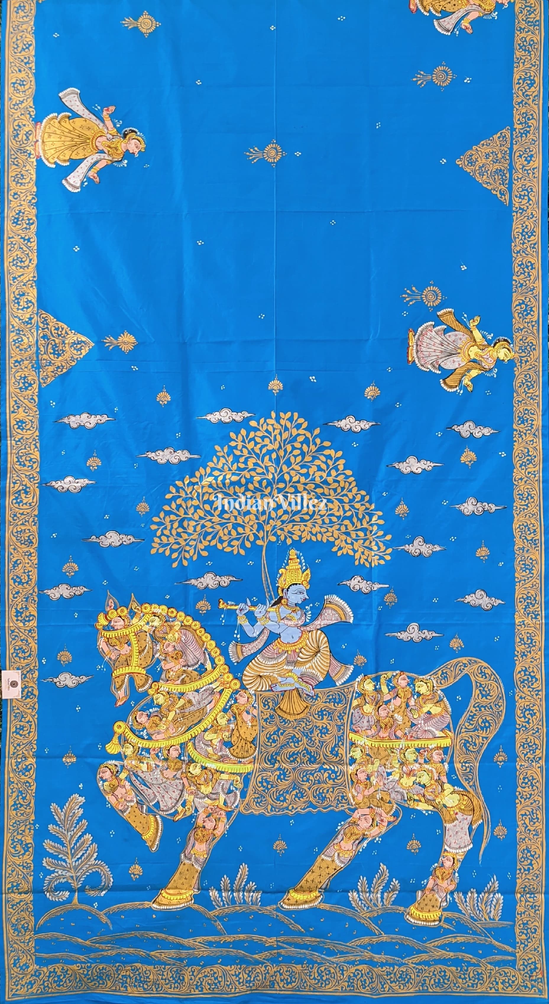 IndianVillèz Copper Sulphate Kandarpa Ashwa (Horse) Hand-Painted Pattachitra Saree