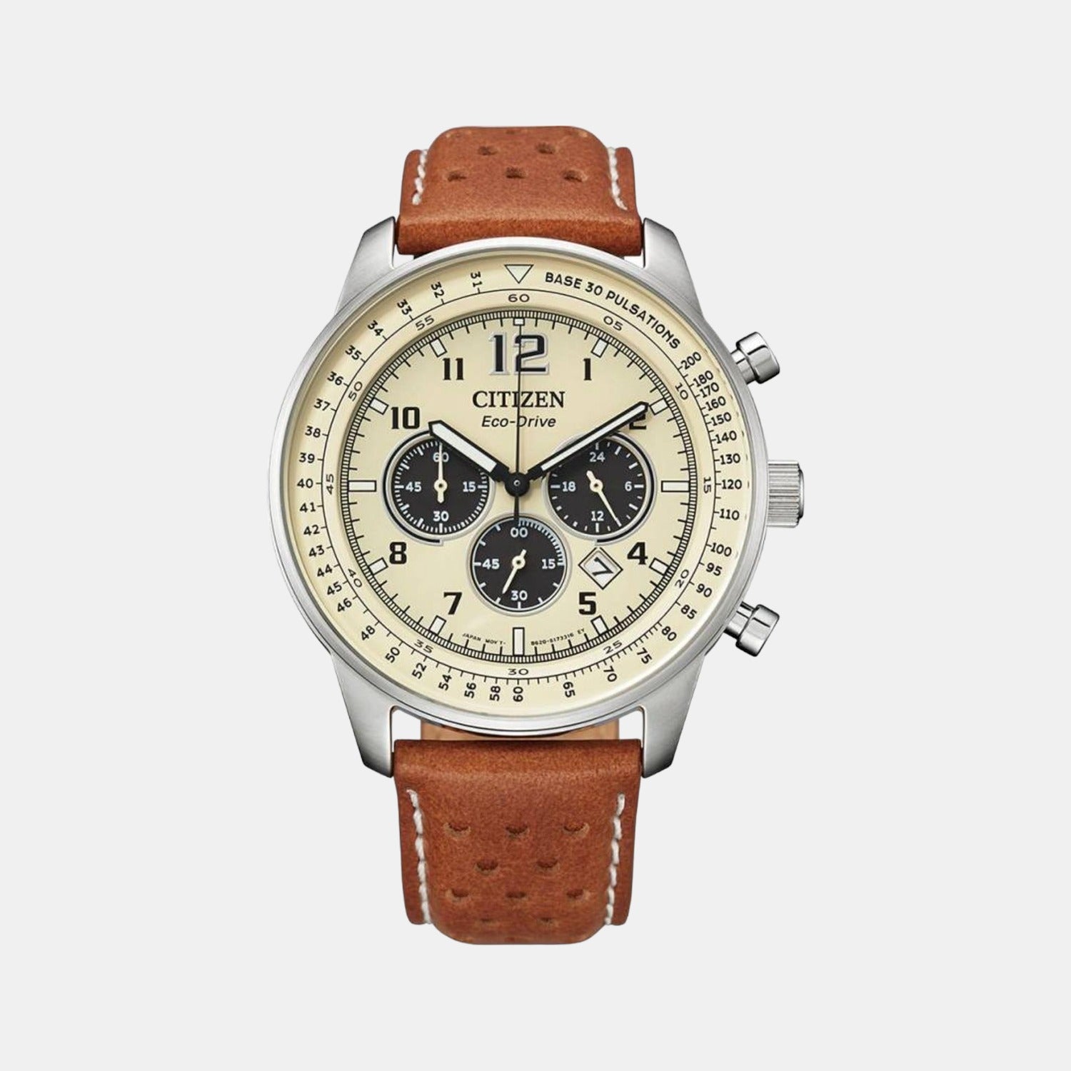 Citizen Eco-Drive Men Eco-Drive Cream Dial Chronograph Leather Watch CA4500-16X
