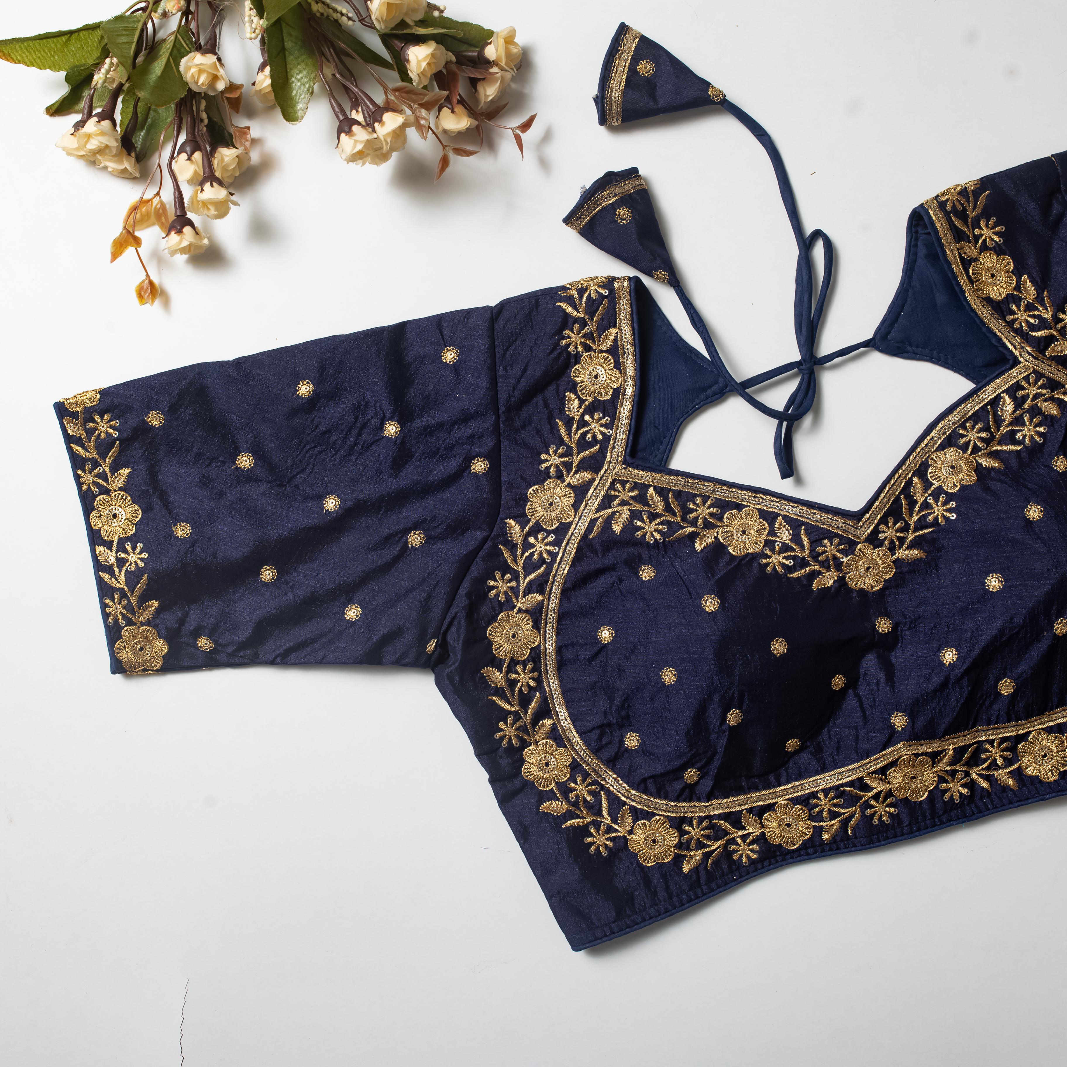 ClothsVilla Navy Blue Olive Silk Blouse with Golden Embroidery and Sequins