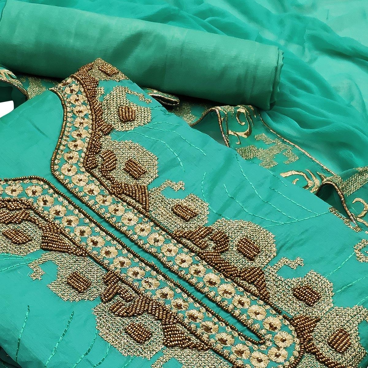 Peachmode Groovy Turquoise Green Colored Casual Wear Embroidered Heavy Modal Silk Dress Material - view 2