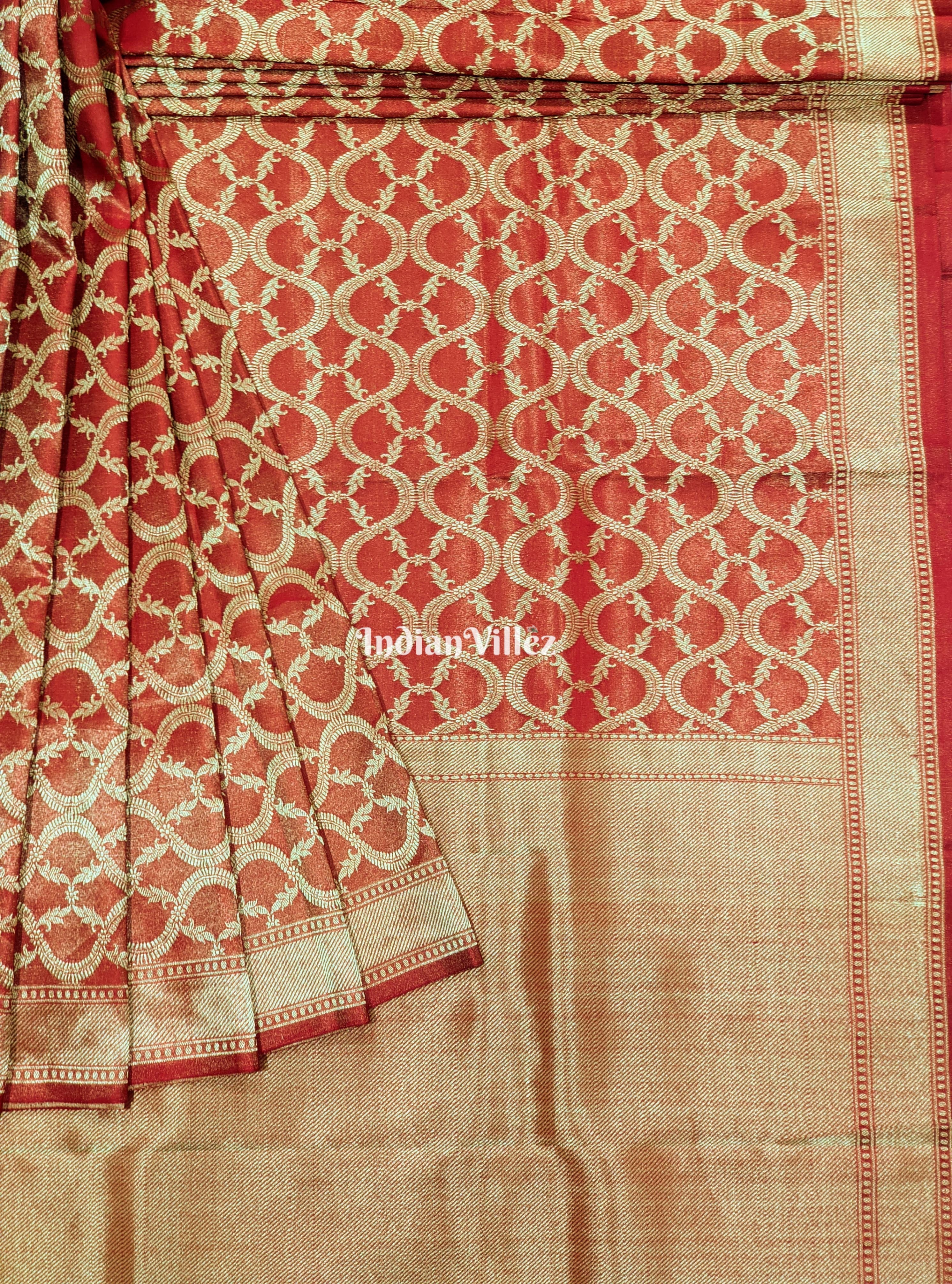 IndianVillèz Red Floral Designer Banarasi Tissue Saree