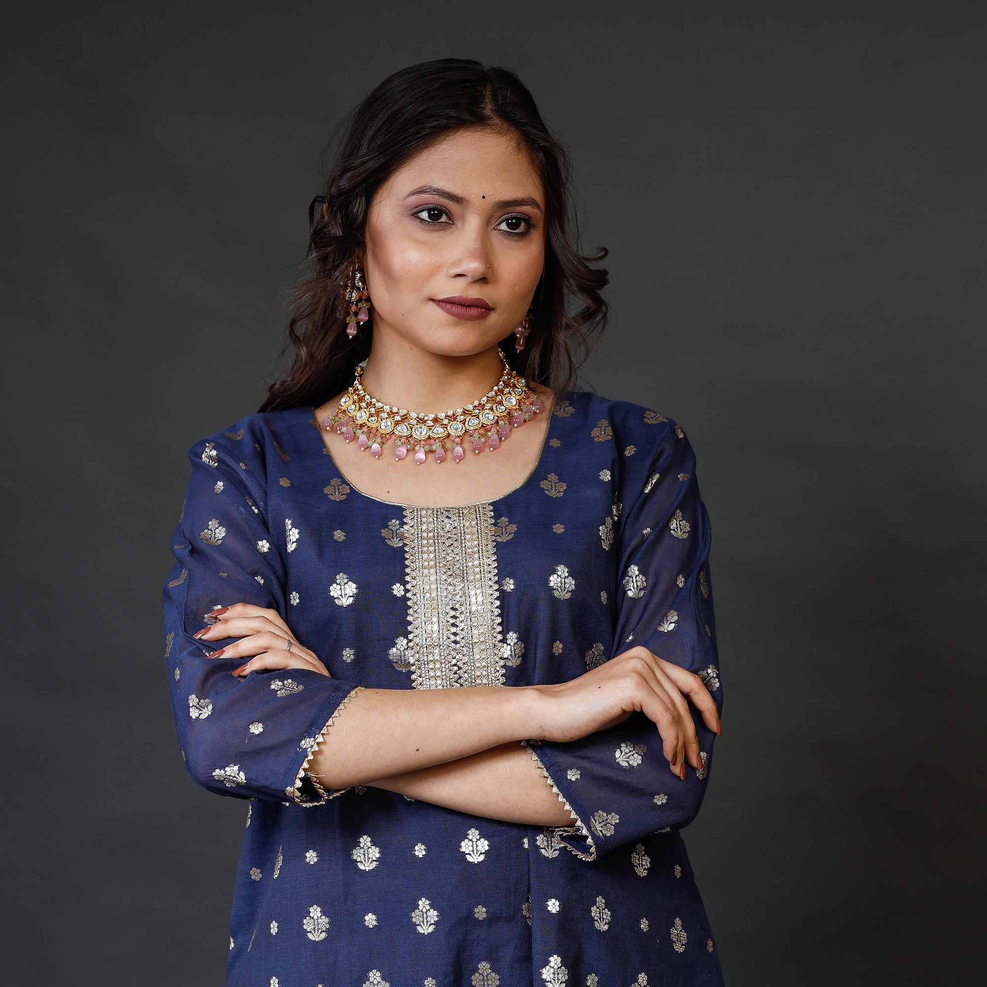 ITOKRI CASUALS Navy Blue Banarasi Silk Zari Work Kurta with Palazzo & Dupatta Set - view 4