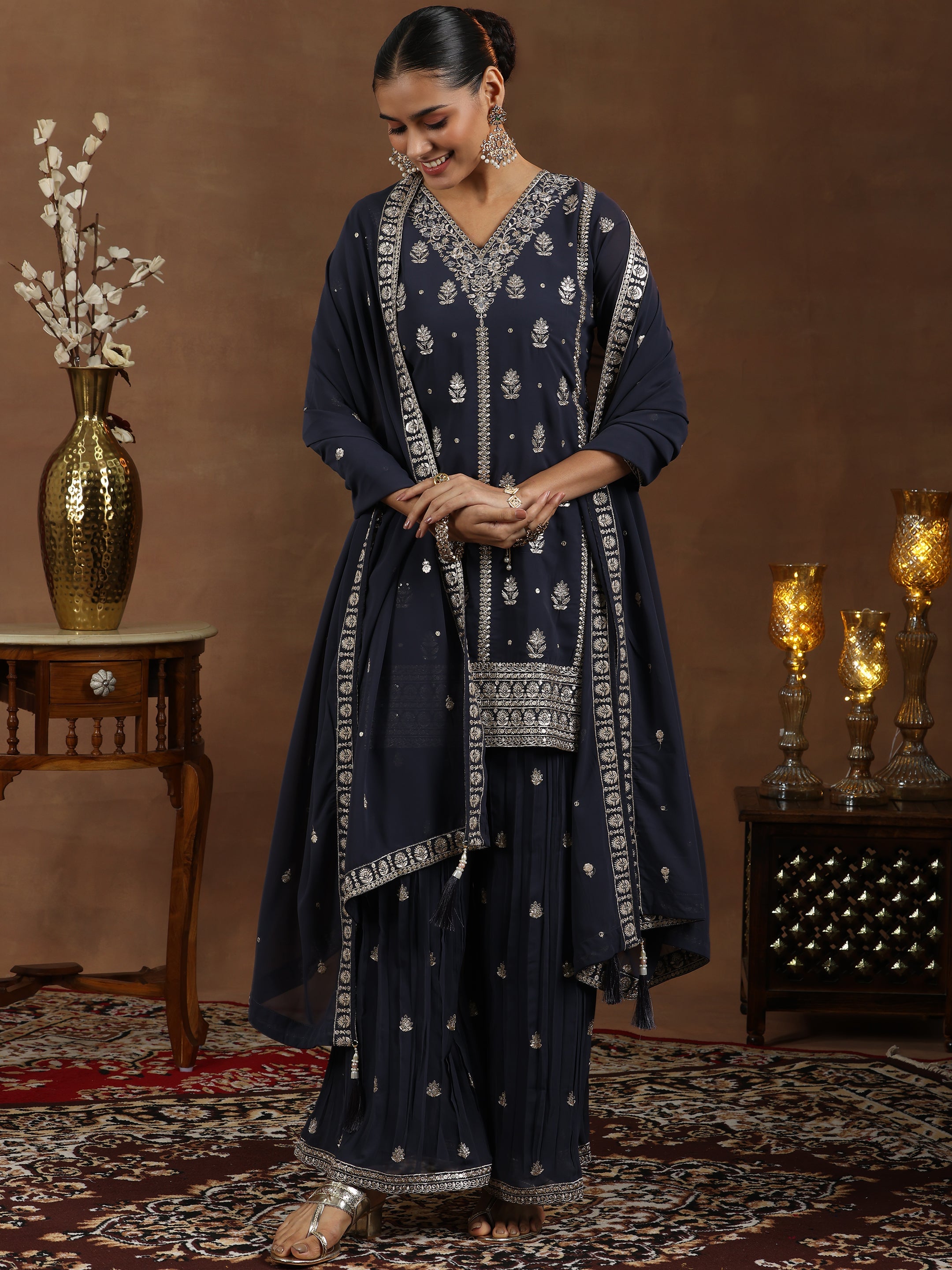 Libas Grey Embroidered Georgette Straight Suit With Dupatta - view 2