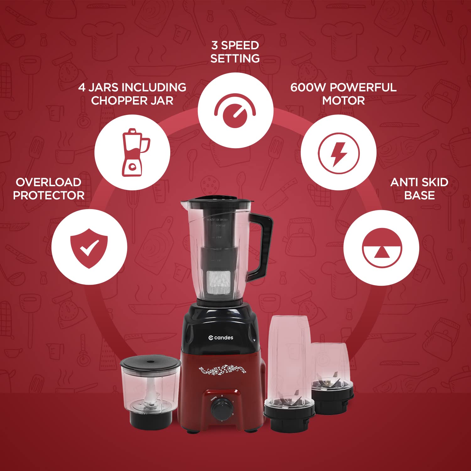 Candes Pearl 600 W Mixer Grinder 4 Jars - Black, Red (1 Year Warranty + 2 Years on Motor Only) - view 3