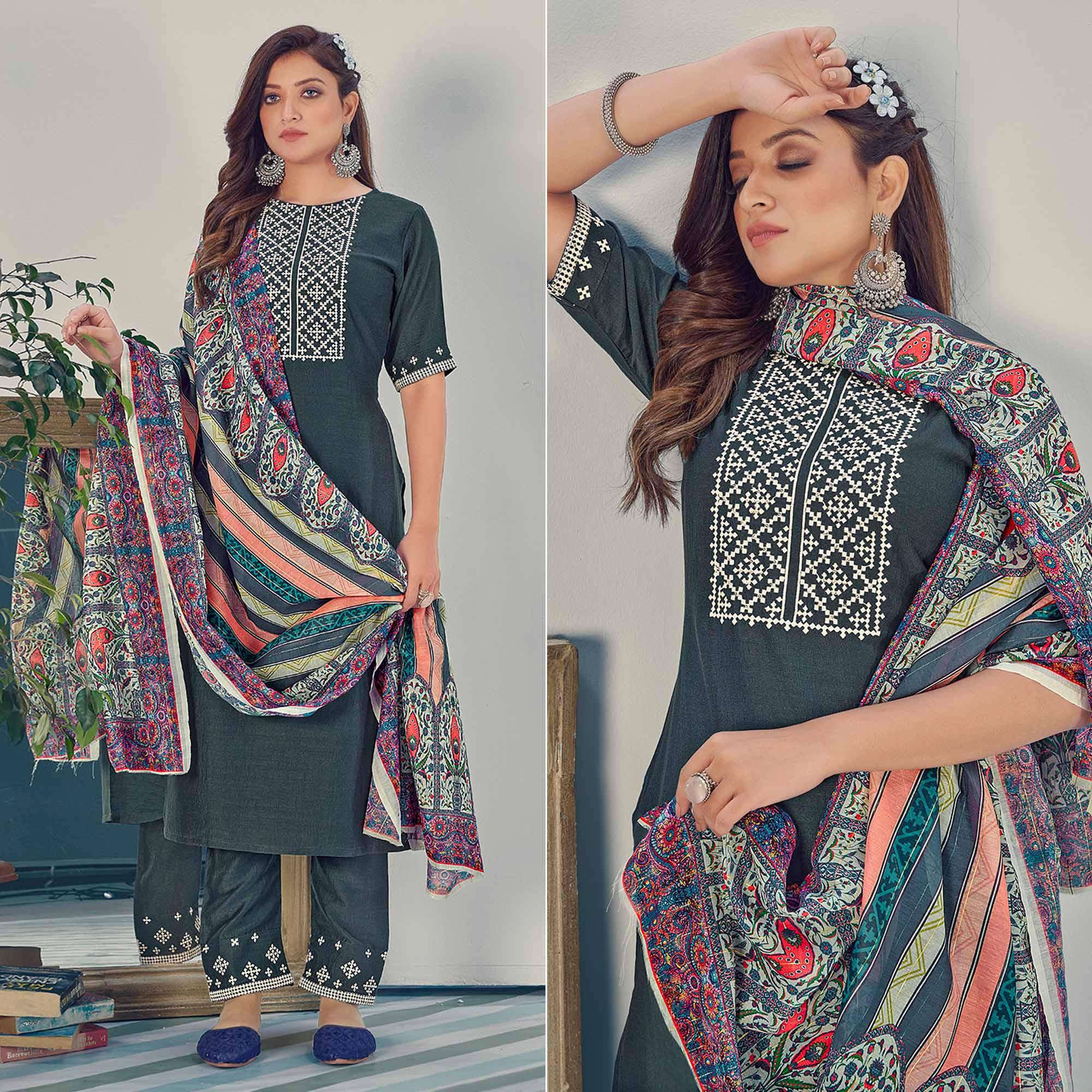 Peachmode Seller Bottle Green Embroidered With Embellished Chiffon Kurti Pant Set With Dupatta