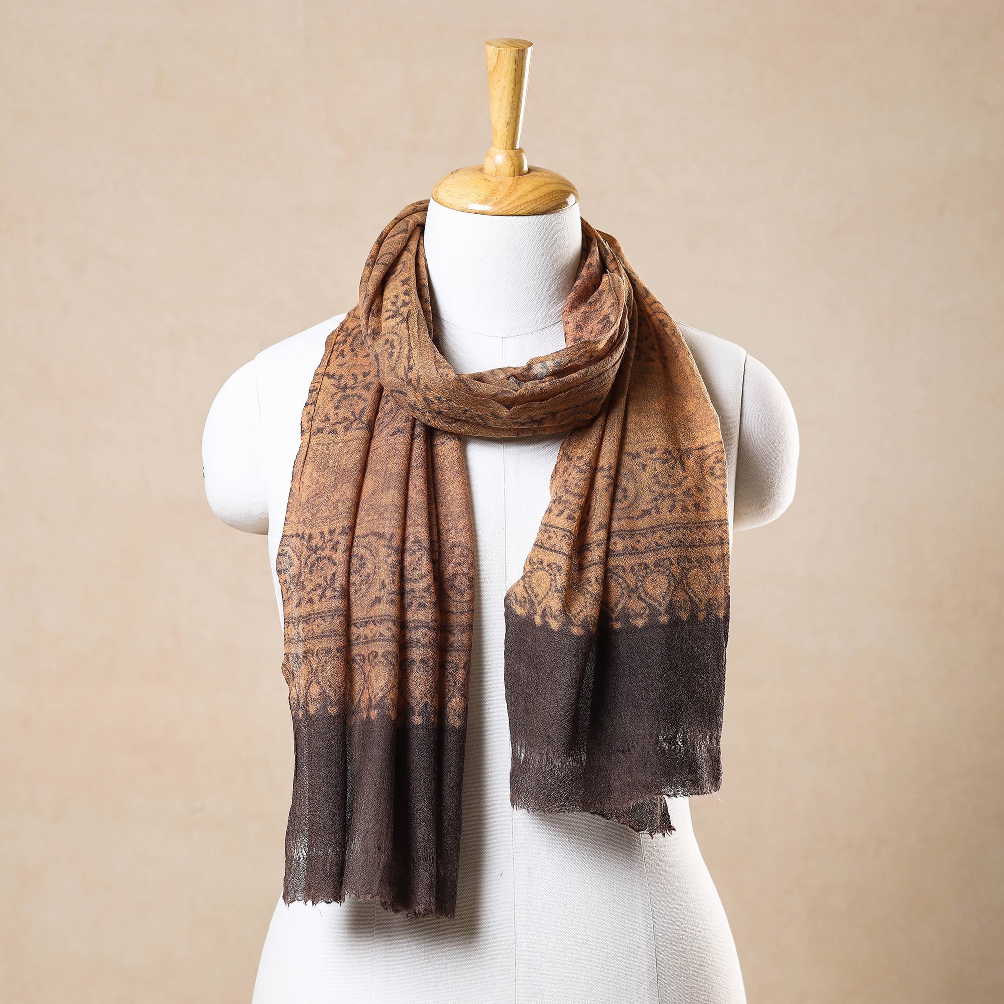 AJRAKH BY JABBAR KHATRI Beige - Ajrakh Hand Block Printed Pure Woolen Stole