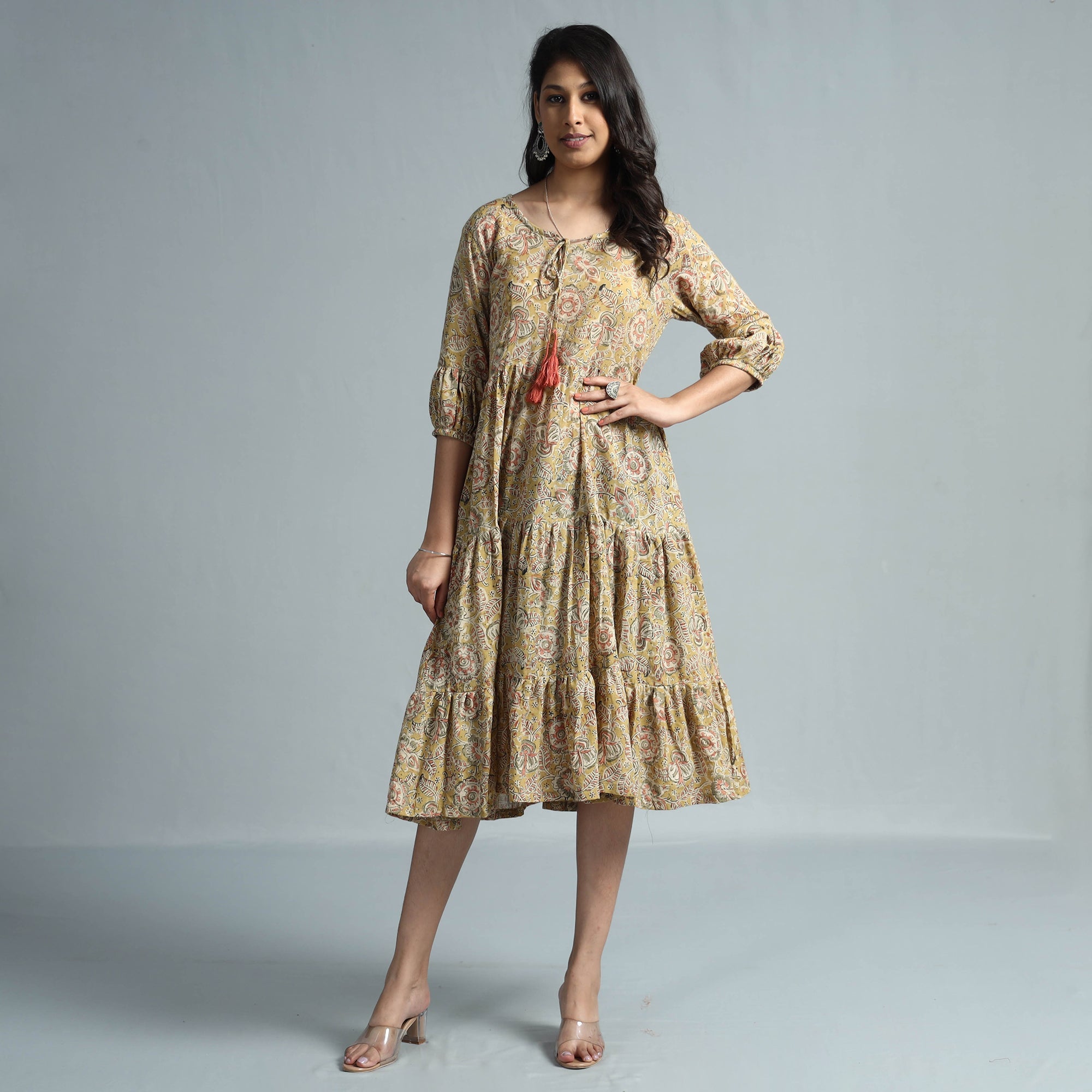 ITOKRI CASUALS Beige - Kalamkari Block Printed Mul Cotton Flared Gher Dress