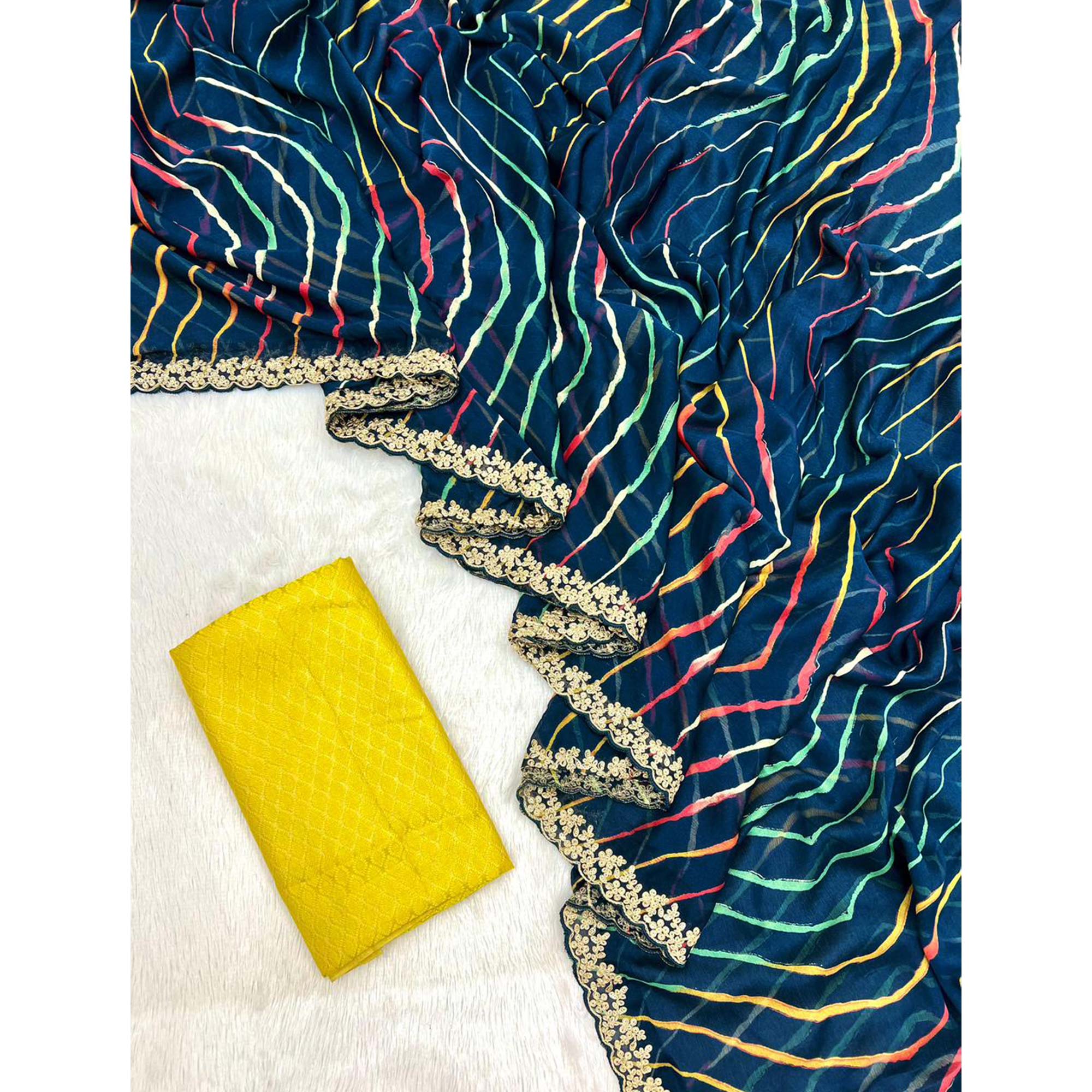 Peachmode Morpich Blue Leheriya Printed Chiffon Saree With Sequins Embroidered Border - view 3