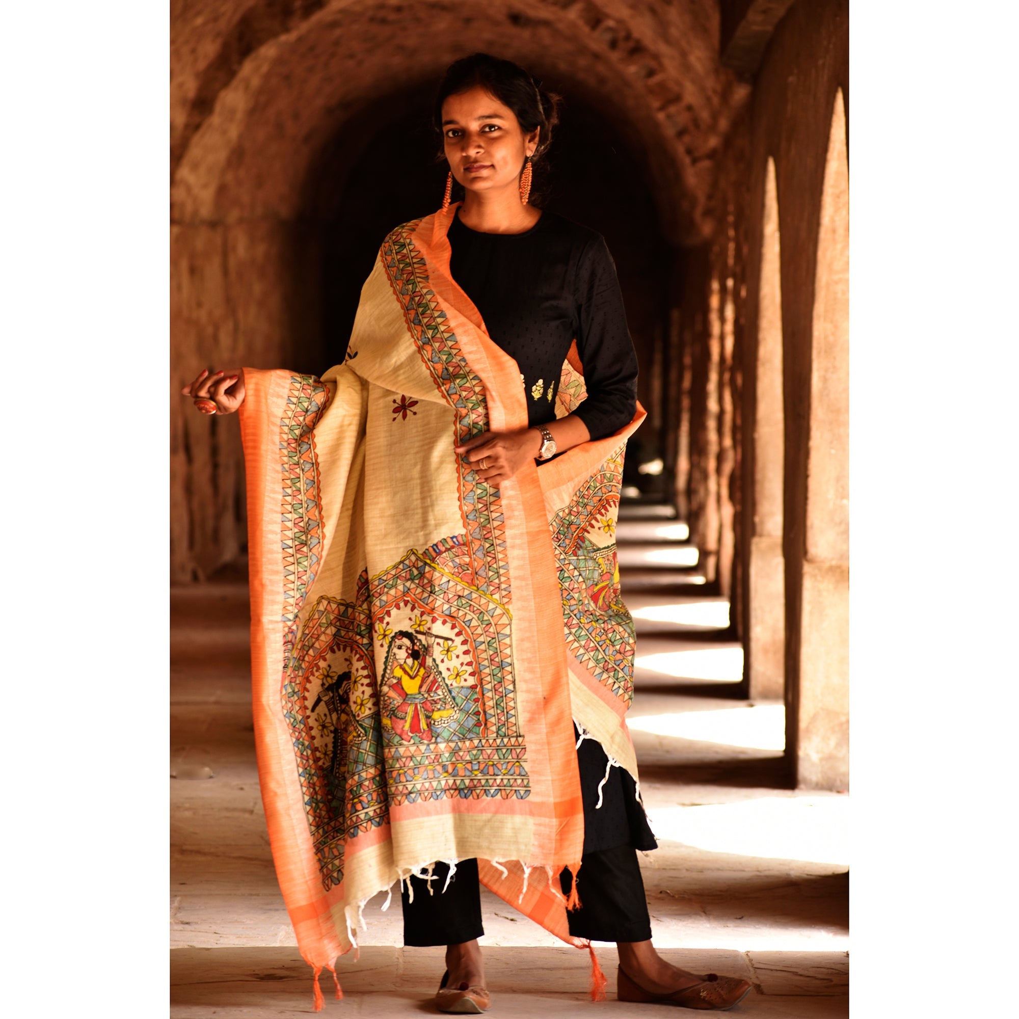 DIORAMA DESIGNS Beige - Madhubani Handpainted Cotton Garba Raas Dupatta - view 2