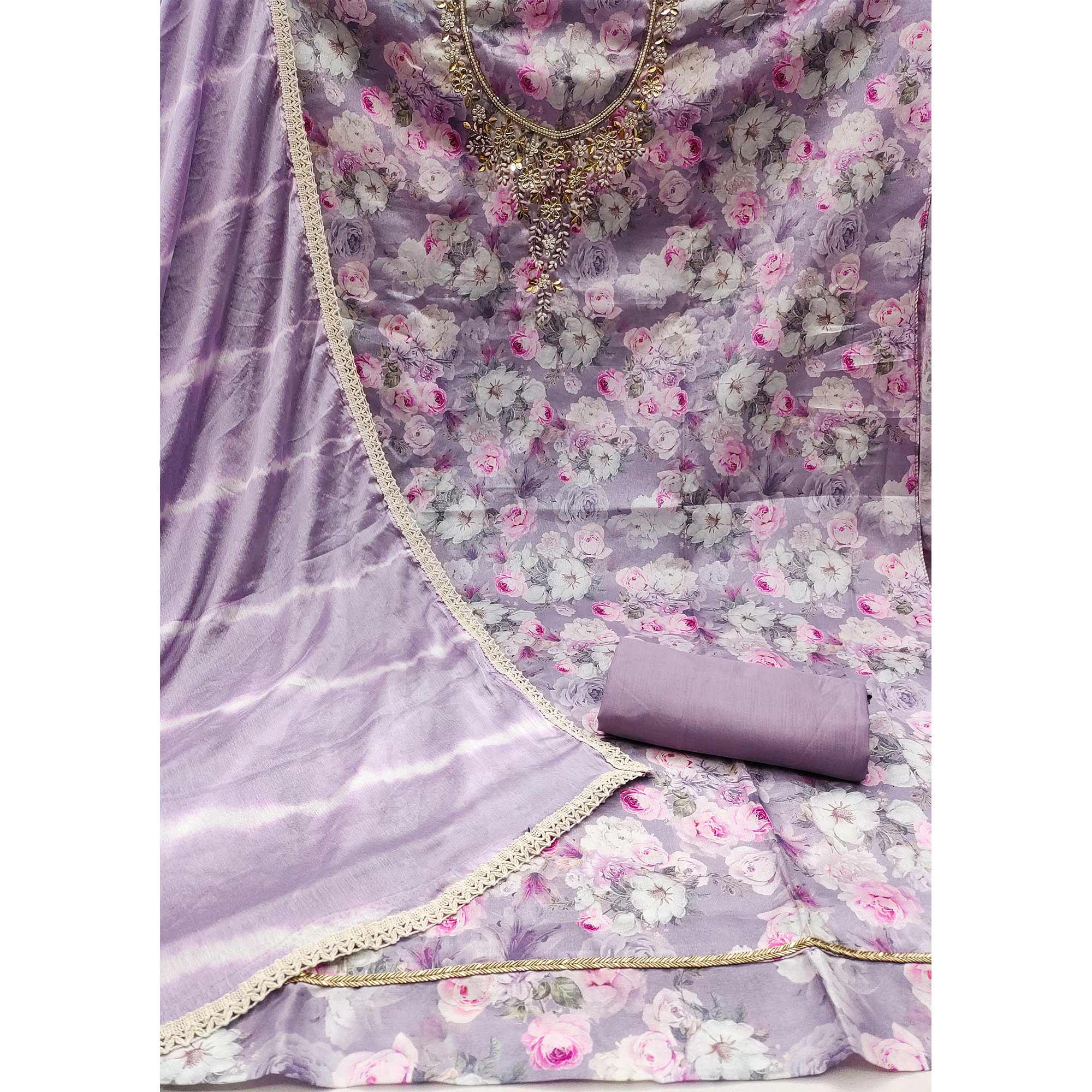 Peachmode Lavender Floral Digital Printed With Hand Embroidery Muslin Dress Material - view 4