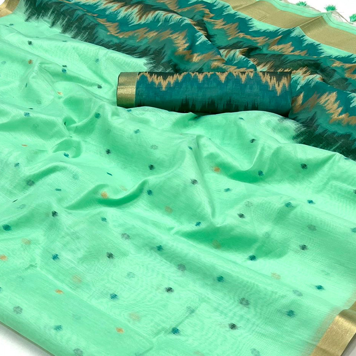Peachmode Mint Green Woven Cotton Silk Saree – Women's - view 2